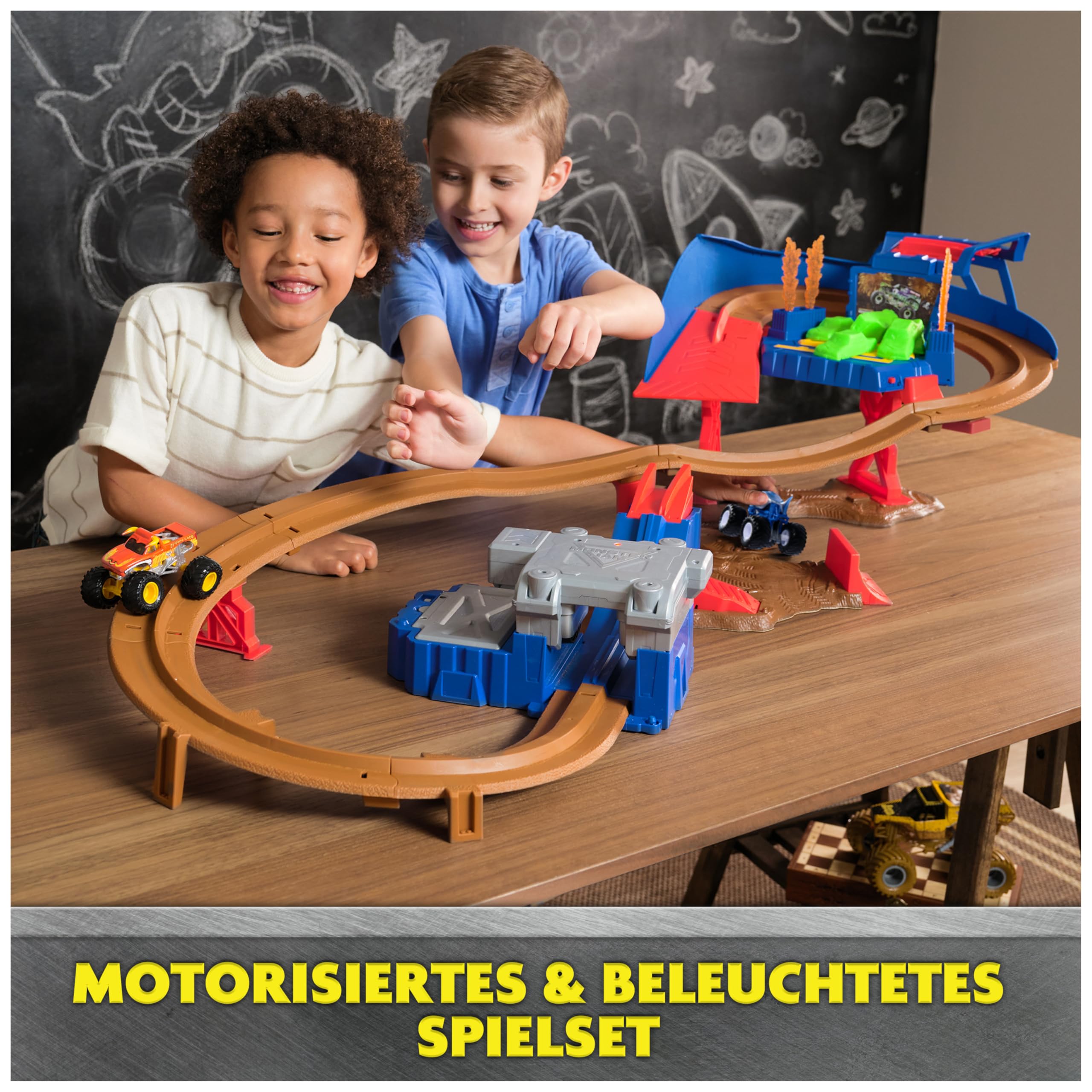 Monster Jam, Supercharge Speedway Spielset, mit den Trucks Megalodon und EL Toro Loco im Maßstab 1:64, actiongeladene motorisierte Stunt-Strecke mit Rampen, Beleuchtung und viel Zubehör, ab 3 Jahren | Maßstab 1:64, El Toro Loco und Megalodon, kompatibel m