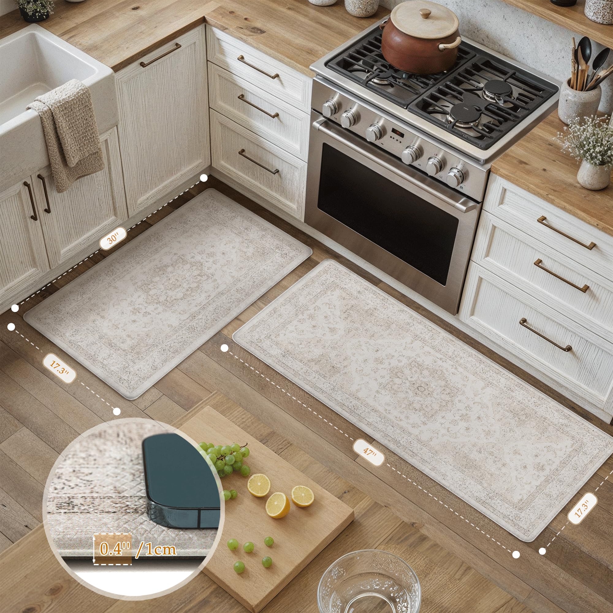 Kitchen Mats 2PCS Anti Fatigue Cushioned Mat Beige Vintage Kitchen Mats for Floor Waterproof Non Slip Comfort Standing Oriental Medallion Rug for Sink Laundry Office 17.3"x47"+17.3"x30" — view 6