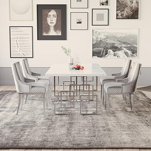 AUZ 5 Piece Table Dining Set, Luxurious Silver Dining Table Set for 4, 78 Inches Chrome Dining Room Table Set with 4 Silver Gray Velvet Dining Chairs