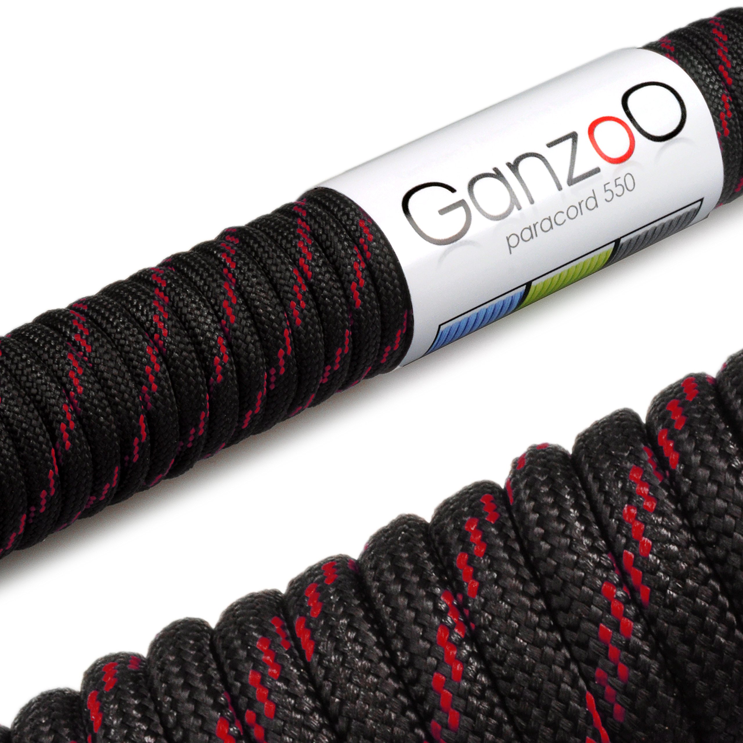 Ganzoo Paracord 550 Tipo 3 Cuerda 4 mm Negro Rojo, 30 m, 7 hebras internas, Funda Poliester/Nylon, Lavable y Ligera, para Pulseras, llaveros, Collar y Correa de Perro, Camping y Bricolaje