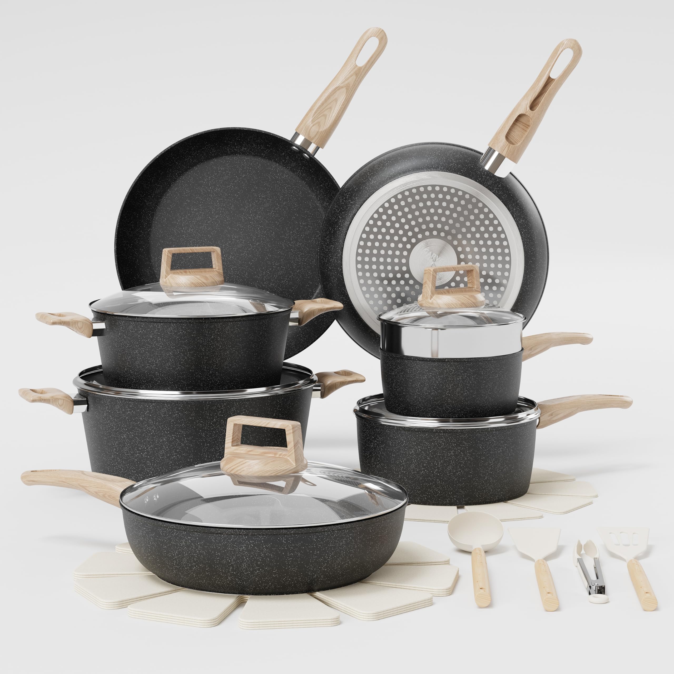 21-teiliges Kochgeschirr-Set aus Aluminium Antihaftbeschichtung, Induktion, gleichmäßiges Erhitzen, mit Dampfgarer + Utensilien, Schwarz