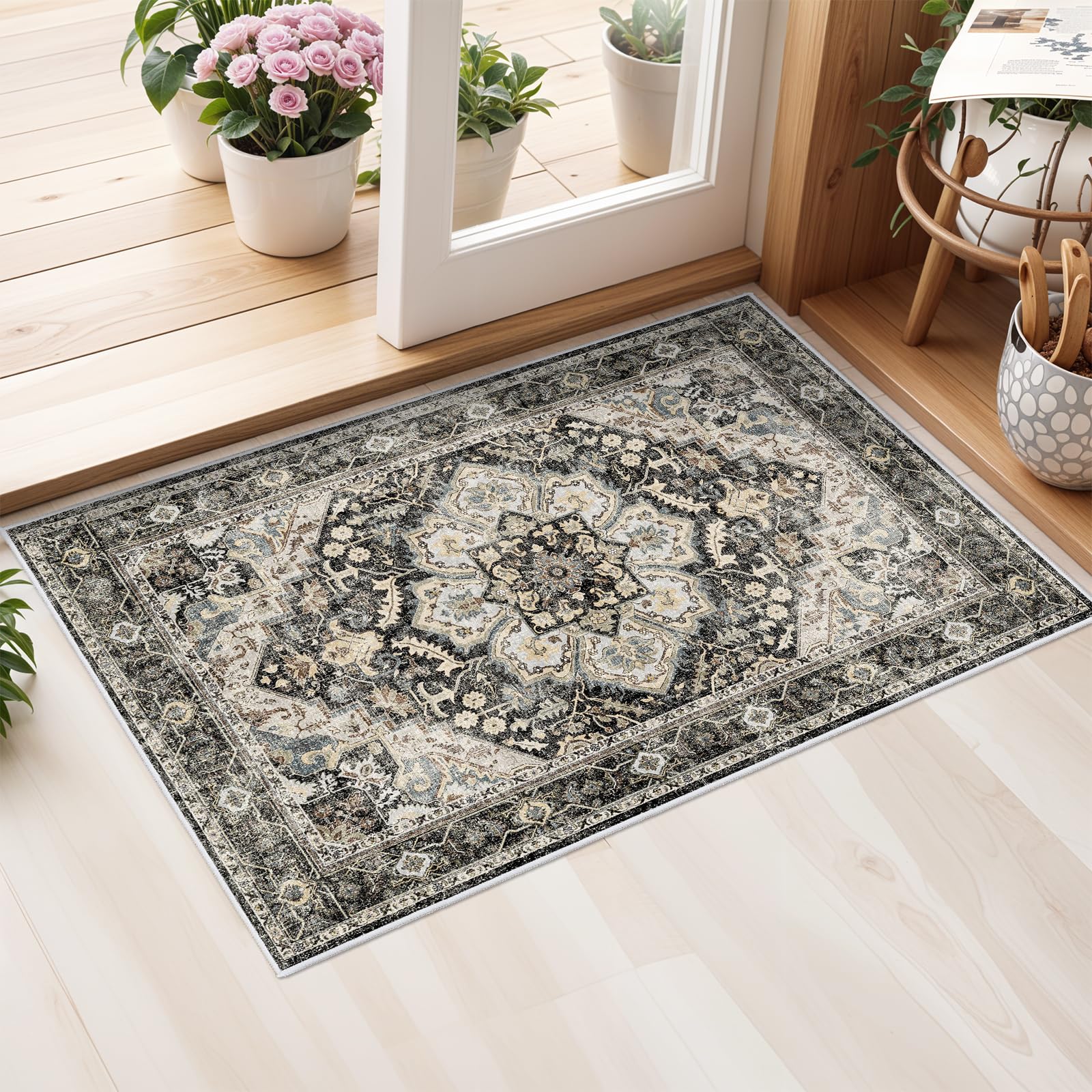 Washable Oriental Area Rug - 2x3 Rugs for Living Room Soft Carpet for Bedroom Waterproof Floral Distressed Indoor Stain Resistant Non-Shedding Floor