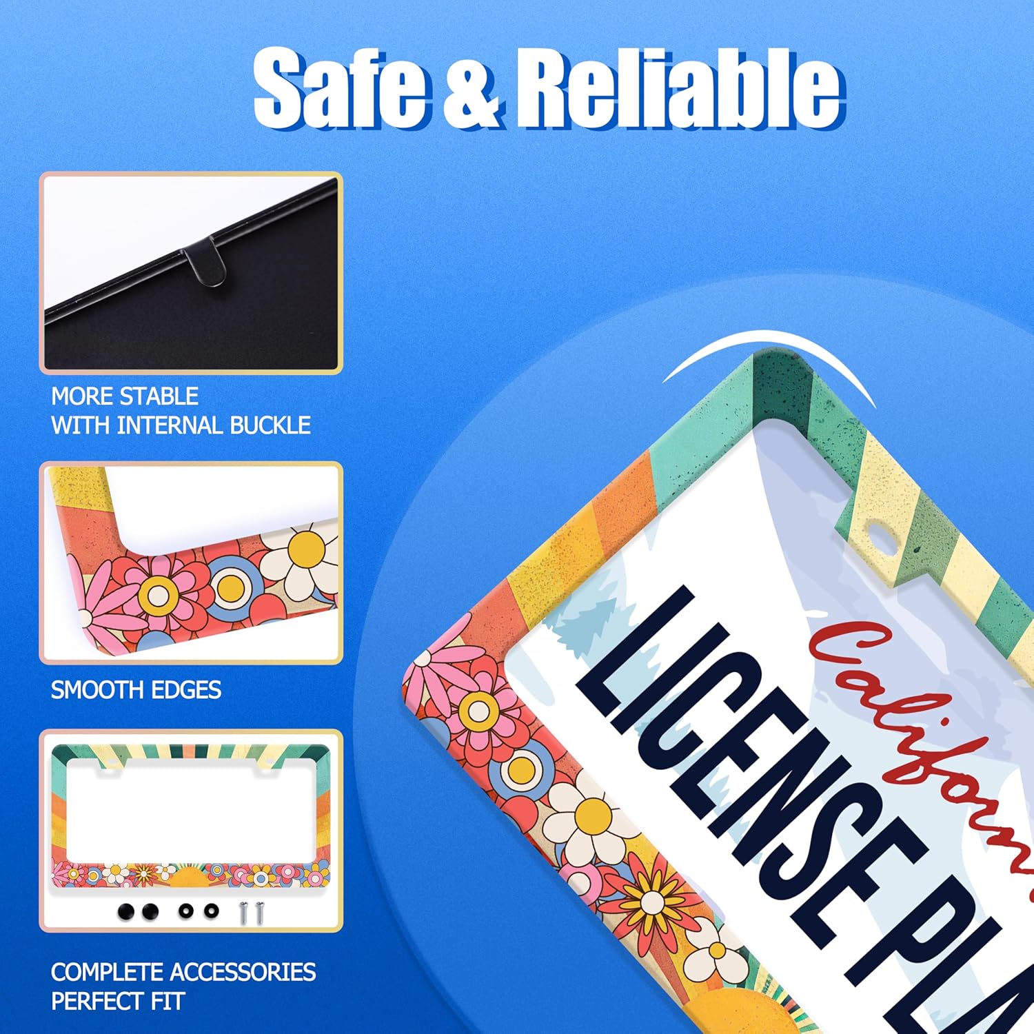 2pcs Rainbow Retro Sun License Plate Frame Boho Hippie Flowers License Plate Frames Funny Auto Accessory Bracket Stainless Steel License Plate for Women Men 6 x12 Inch