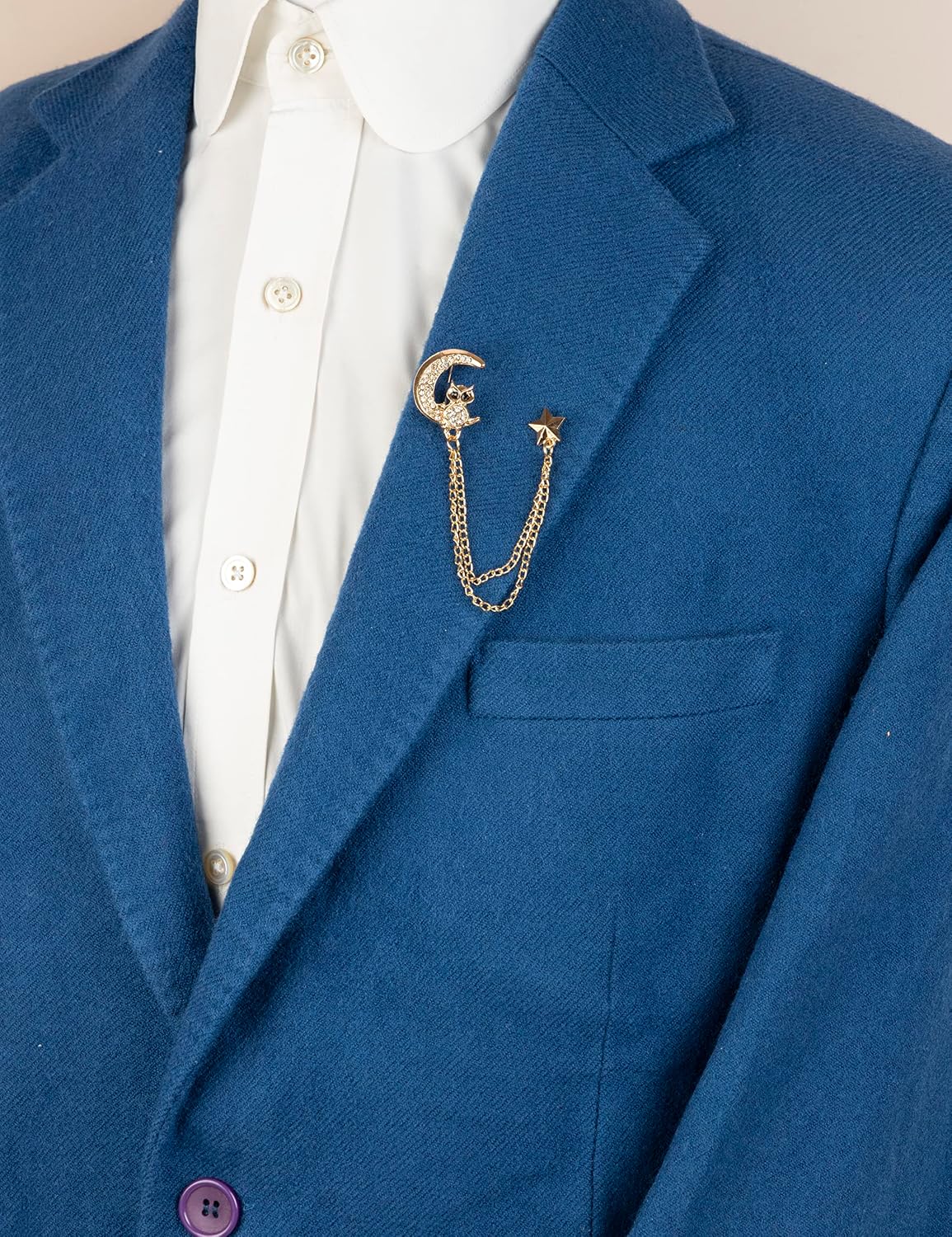 Knighthood Owl On Crescent Moon And Star With Stones And Hanging Tassel Chain Collar Pin Brooch, Suit Stud, Shirt Studs, Lapel Pin Accessories for Men Women