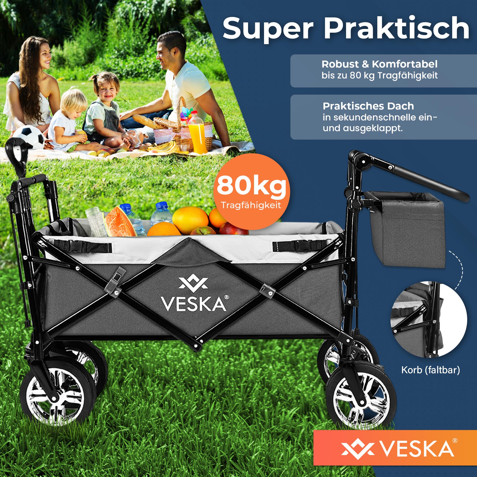 Bollerwagen faltbar mit Dach, Moskitonetz, Regencover, Handwagen Transportwagen | 2 Sitzer, Gurtsystem | klappbar | Vollgummi-Reifen | bis 80 kg | Vorder- und Hinter-Bremse + Tragetasche (anthrazit)