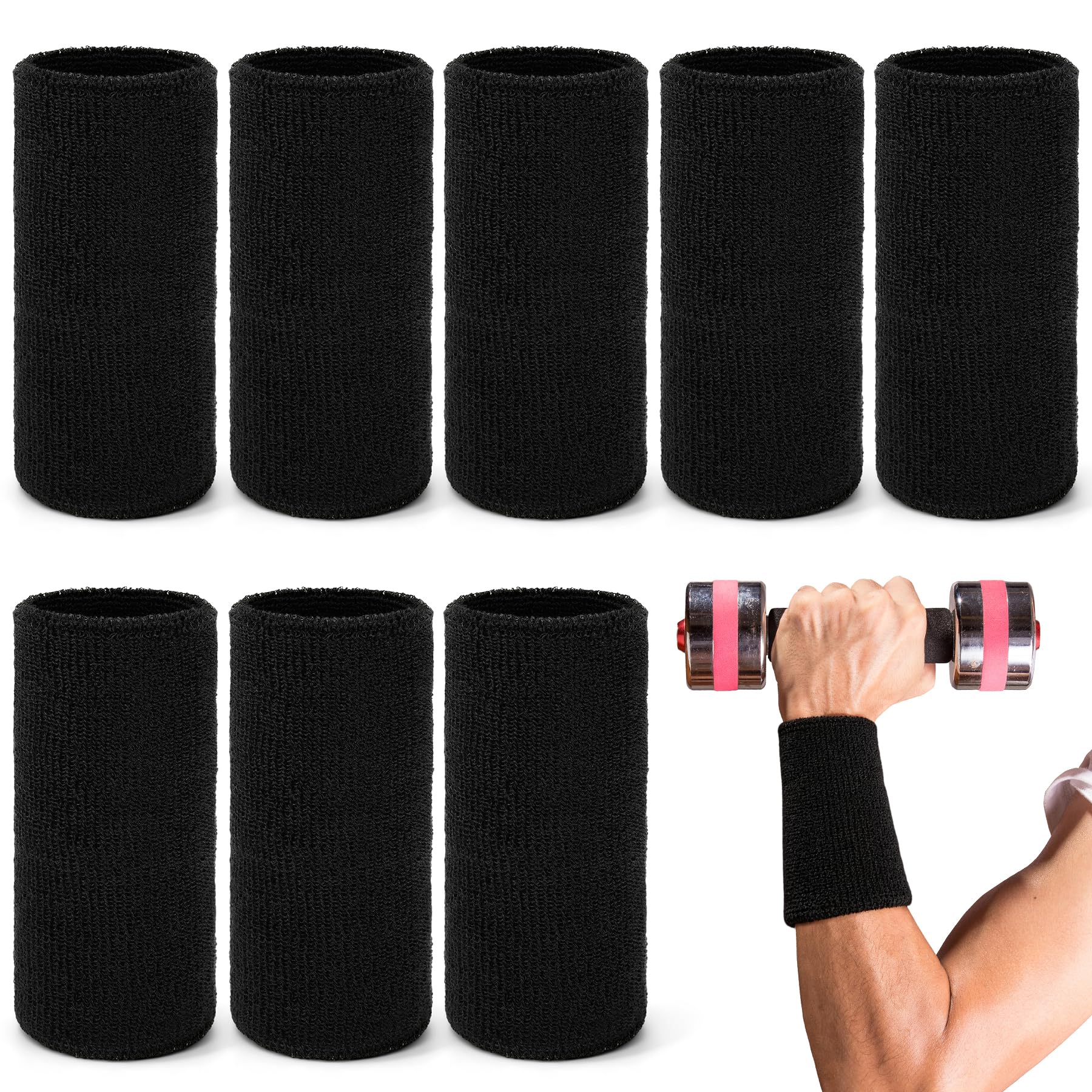 8 Pack Long Wrist Sweatbands, 15 x 8 cm Elastic Sweat Bands for Men Women and Kids, Absorbent Terry Cloth Wristbands for Tennis Basketball Gym Running Football Workout and Fitness Sports