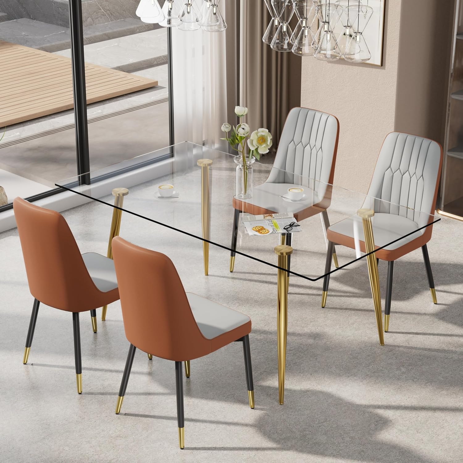 51" Modern Dining Table Set for 4, Glass Kitchen Table Chair Set for 4, Rectangular Kitchen Table with 4 PU Leather Upholstered Chair for Dining Room(Gold Table+Gray&Brown Chairs)