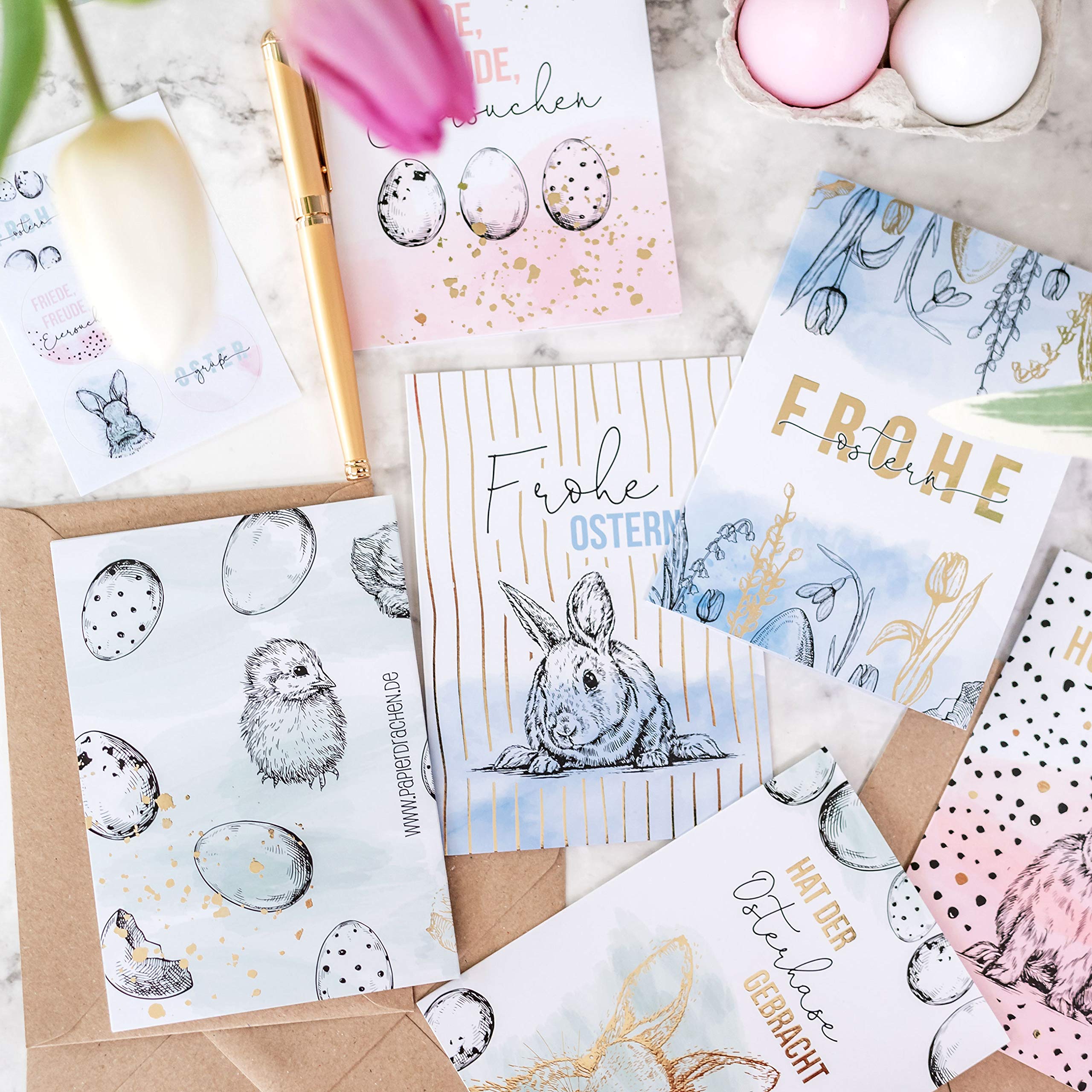 Biglietti Di Pasqua Papierdrachen 6 Pezzi Con Buste | Set 1 Design Colorati E Moderni | Biglietti D'Auguri Primaverili In Cartone 300g | Fatto In Germania - 5