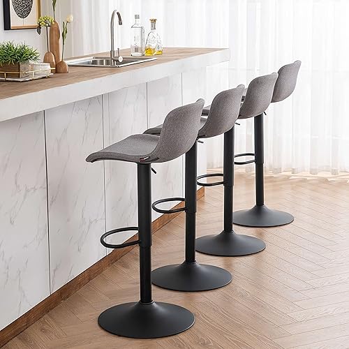 Miniatura 7 de YOUTASTE Juego de 2 taburetes de bar de tela gris, modernos taburetes tapizados de altura de mostrador, taburete de bar giratorio ajustable con