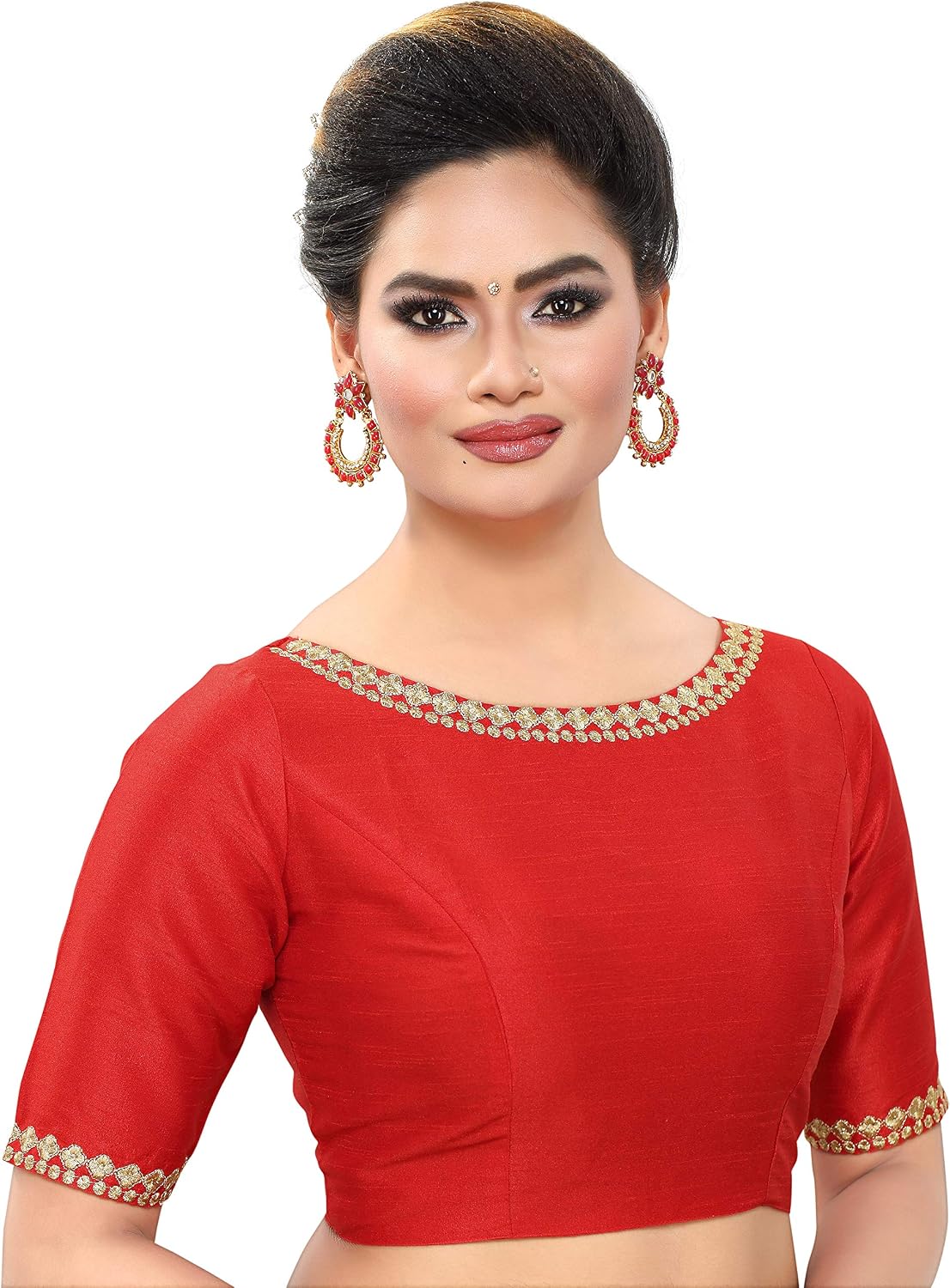 Madhu Fashion Women's Polyester Embroidered Elbow Length Sleeves Readymade Saree Blouse
