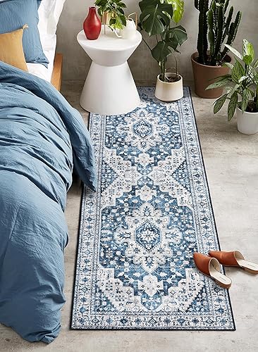 Miniatura 6 de Moynesa Alfombra de pasillo lavable ultrafina  2 x 6 pulgadas, color azul, alfombra lavable para cocina, baño, alfombra de pasillo con estampado