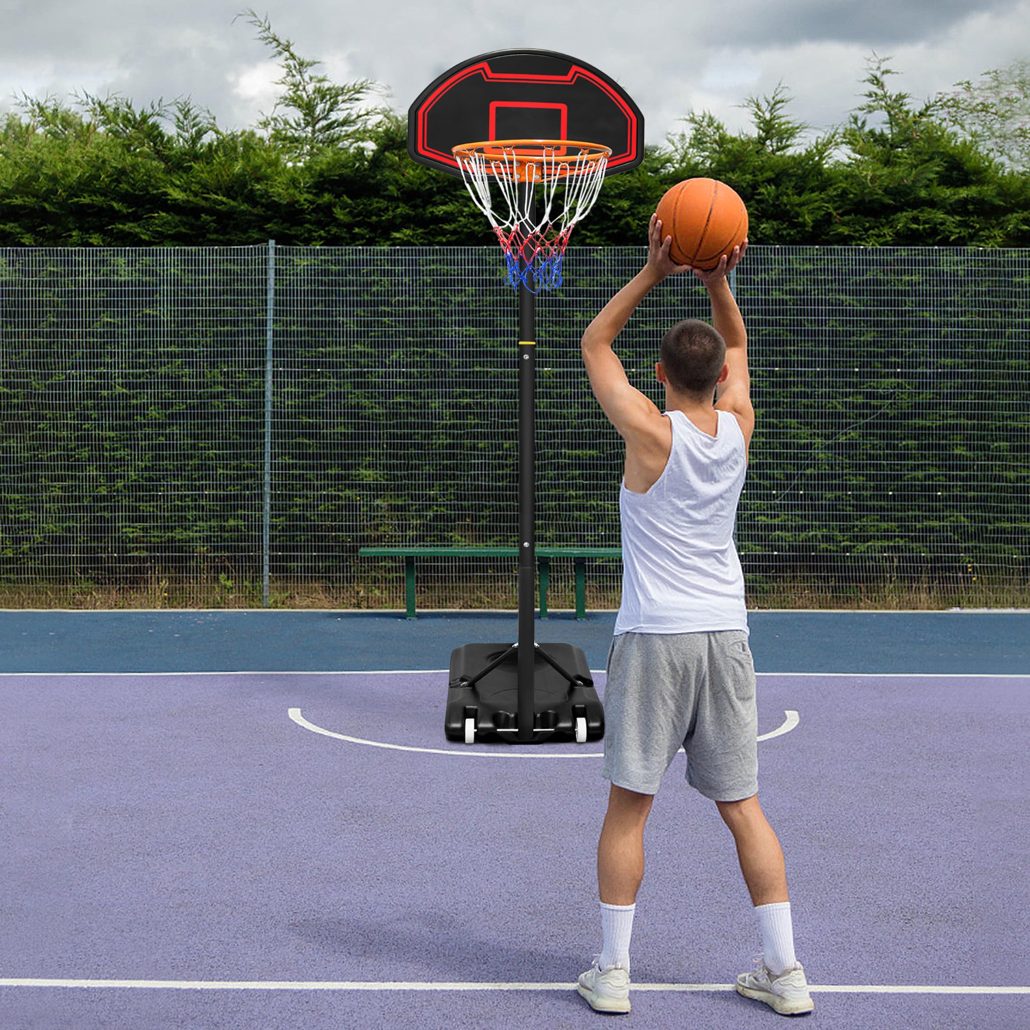 Aufun Basketballkorb Outdoor, Basketballständer Höhenverstellbar156-208cm mit Netz & bruchfester Rückwand, rollbar Tragbar Korbanlage geeignet für Innen- und Außenbereich