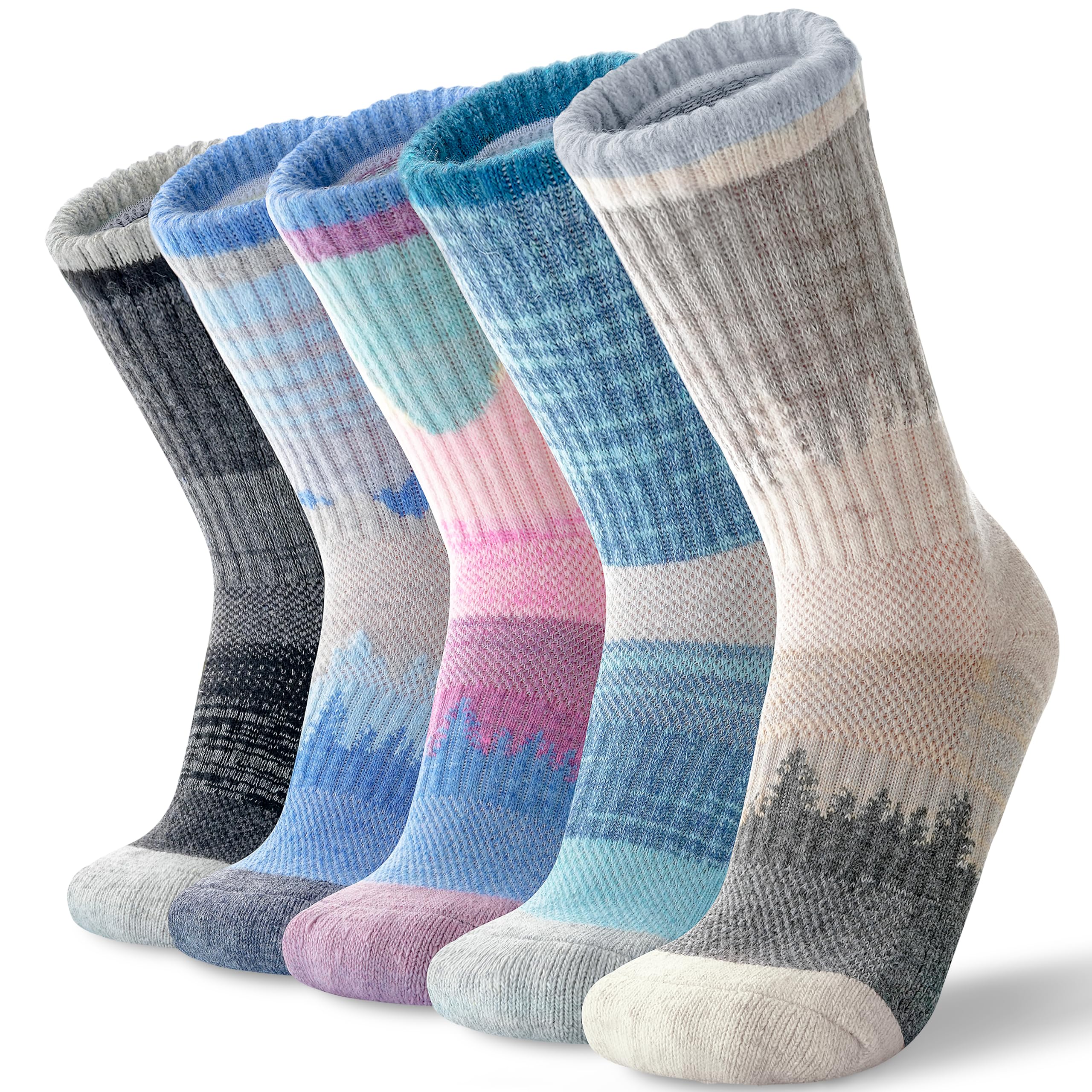 Anlisim Merino Wool Hiking Running Socks for Women Men, Outdoor Crew Socks | Temperature Regulating, Moisture Wicking, Zoned Cushioning, Compressive Support, Athletic Socks for Boot Work Sports, 5 pairs