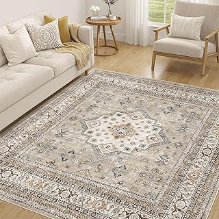 cotiled 6x6 Area Rug for Living Room, Washable, Traditional, Beige