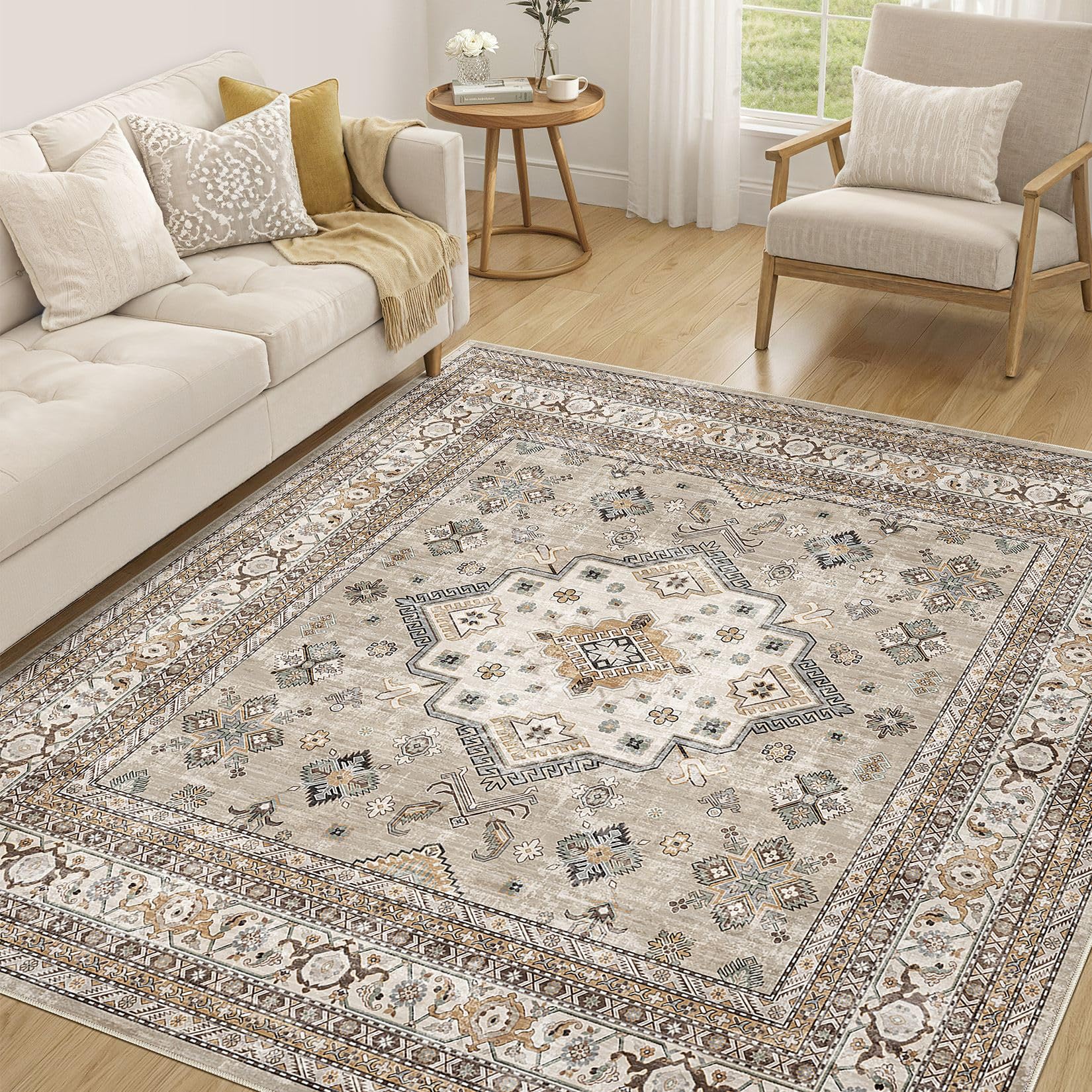 Vintage Living Room Square Area Rug 6x6 - Large Soft Washable Oriental Traditional Distressed Farmhouse Rugs for Bedroom - Indoor Floor Accent Carpet for Home Office House Decor - Beige โ image 1