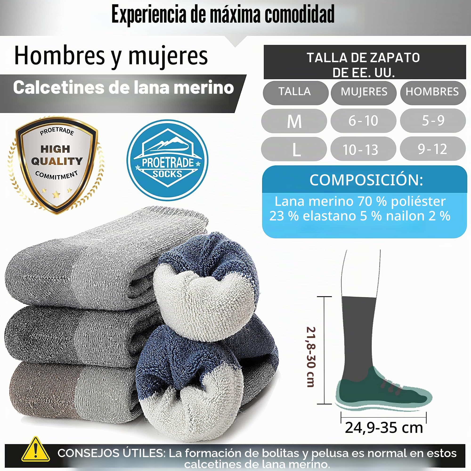 PROETRADE Calcetines Térmicos Lana Merino 4 Pares, Invierno Gruesos Cálidos Antiampollas Running Ciclismo Talla 36-46