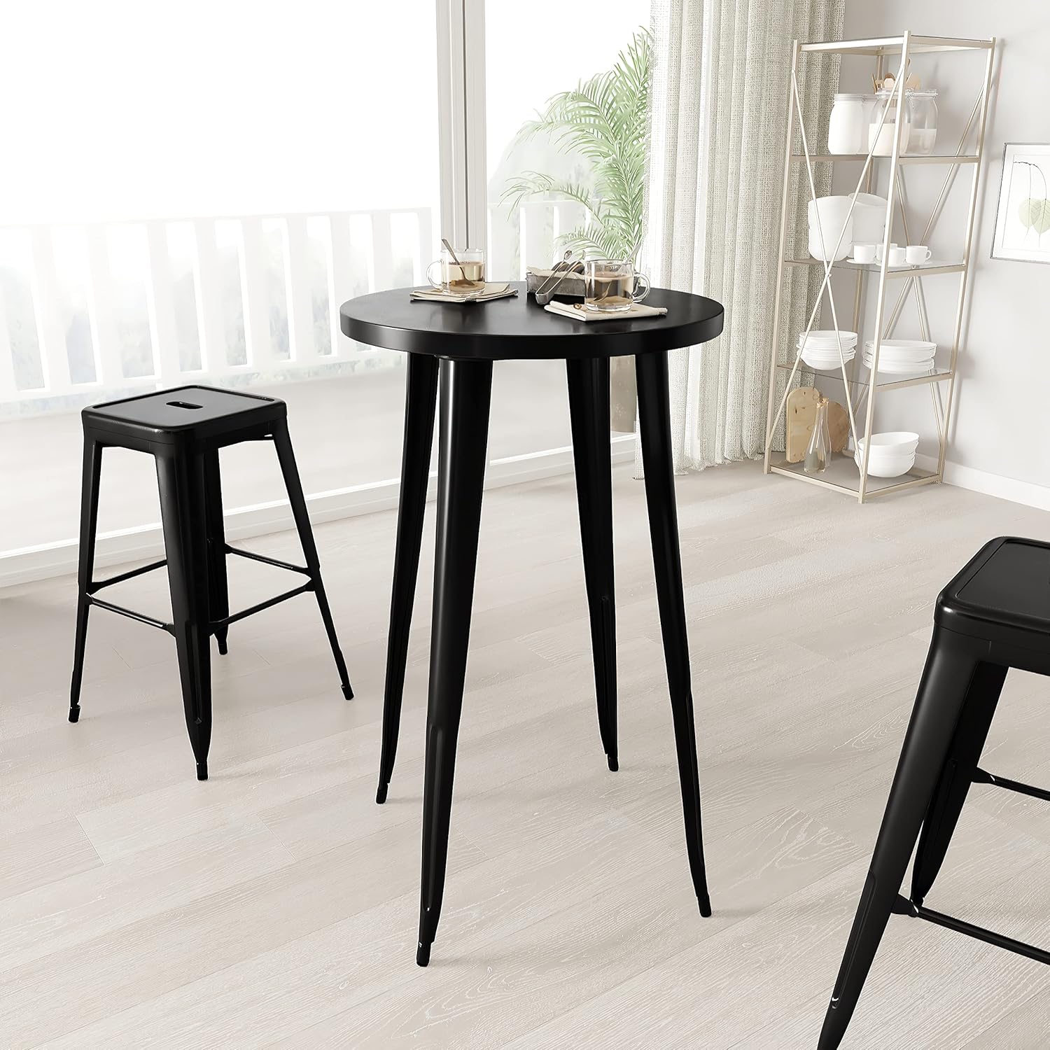 Merrick Lane Cynthia Bar Height Round Patio Table - Black Powder Coated Steel Frame - 24" Top - 21" Base Size - Durable Bracing for Added Stability