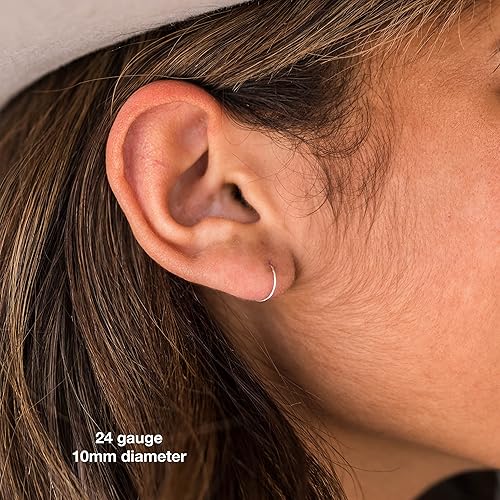 Miniatura 7 de Little Sterling Silver Hoop Earrings. Mini 10mm, Thin 24 Gauge Hypoallergenic Perfect for Sensitive Ears Solid 925 Sterling Silver Huggie Minimalist