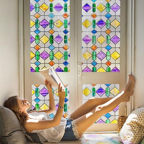 Miniatura 12 de Beautysaid Película de privacidad para ventana, vitral, prisma arco iris 3D, se adhiere a ventanas, bloqueo de calor, tinte para atrapasoles