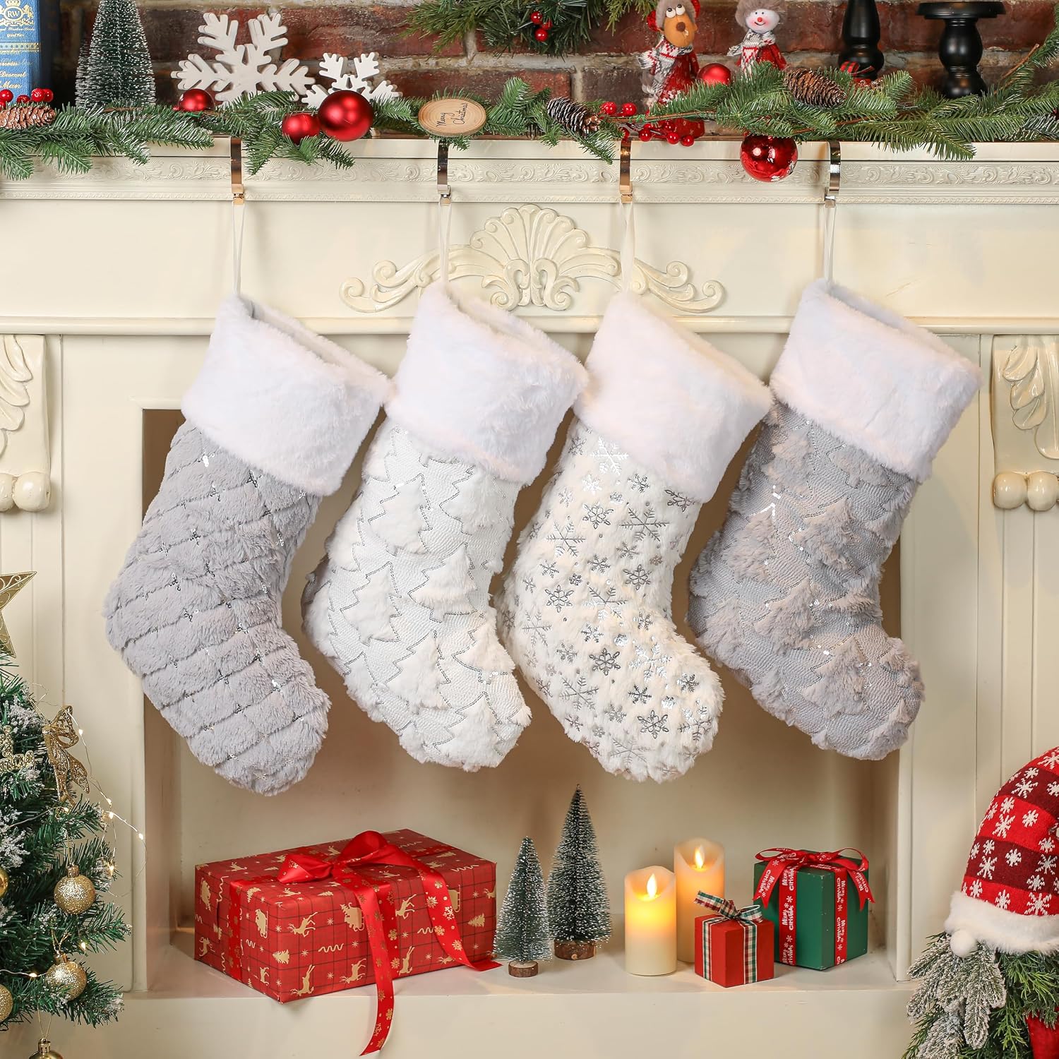 Amorita White Christmas Stockings Set of 5 - Lage Elegant Xmas Stockings with Silver Christmas Tree Snowflake Designs, Fluffy Grey and White Christmas Stockings for Holiday Party Decorations 20 inch