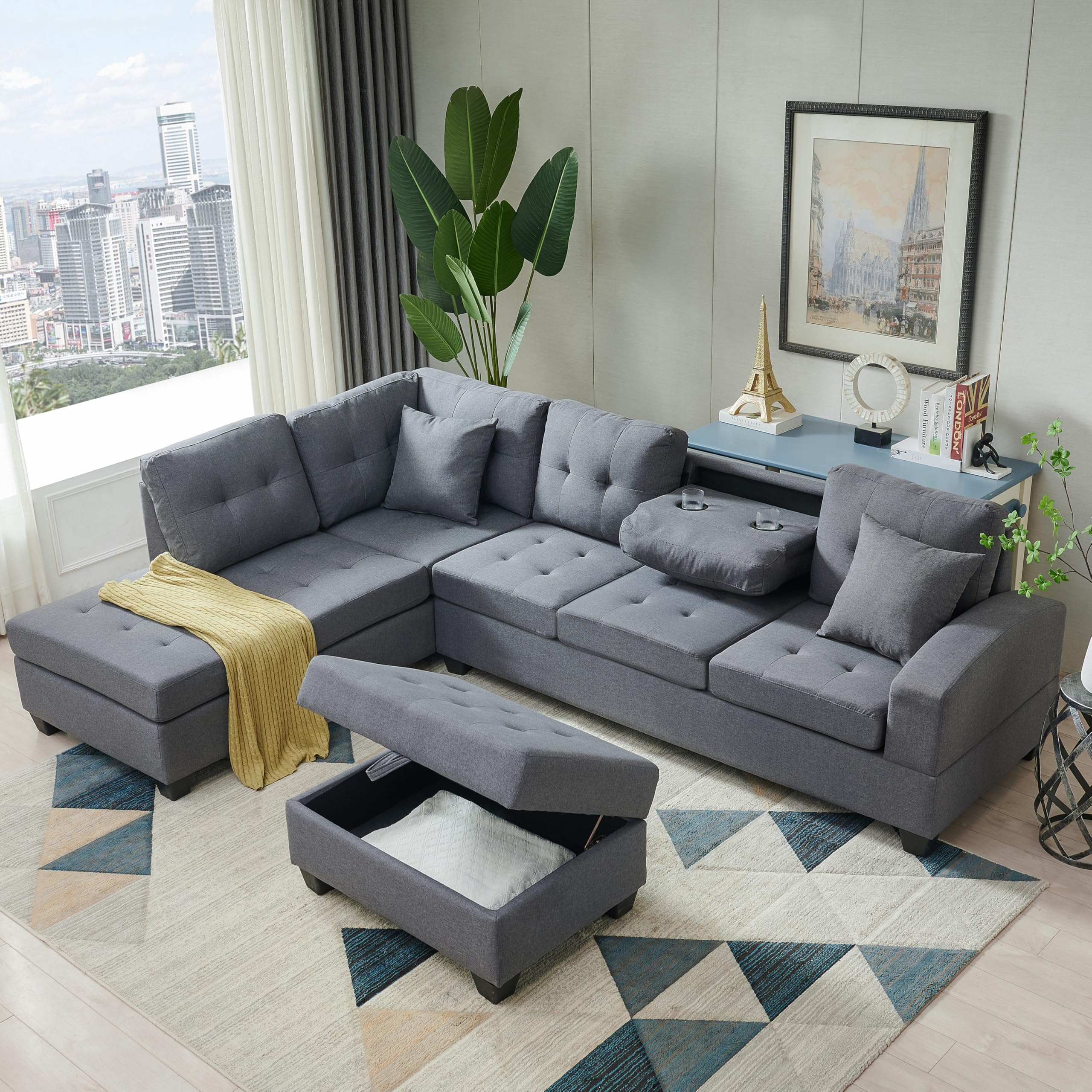 Eafurn L Shaped Sectional Sofa Corner Couch with Reversible Chaise and Storage Ottoman - 3 Pieces Convertible Modular Lounge Sofa&Couches w/Drop Down Backrest & Cup Holders for Living Room Apartment