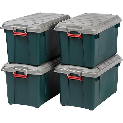 IRIS USA 82 Quart Weathertight Plastic Storage Boxes, Heavy-Duty Utility Totes with Durable Lid and Secure Latching Buckles, Garage and Outdoor, Green/Gray, 4 Pack