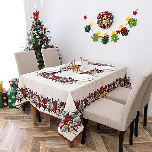 Miniatura 6 de Mantel decorativo con estampado de cintas navideñas, impermeable y resistente a las manchas, adecuado para vacaciones, comedor, fiestas (60 x 84