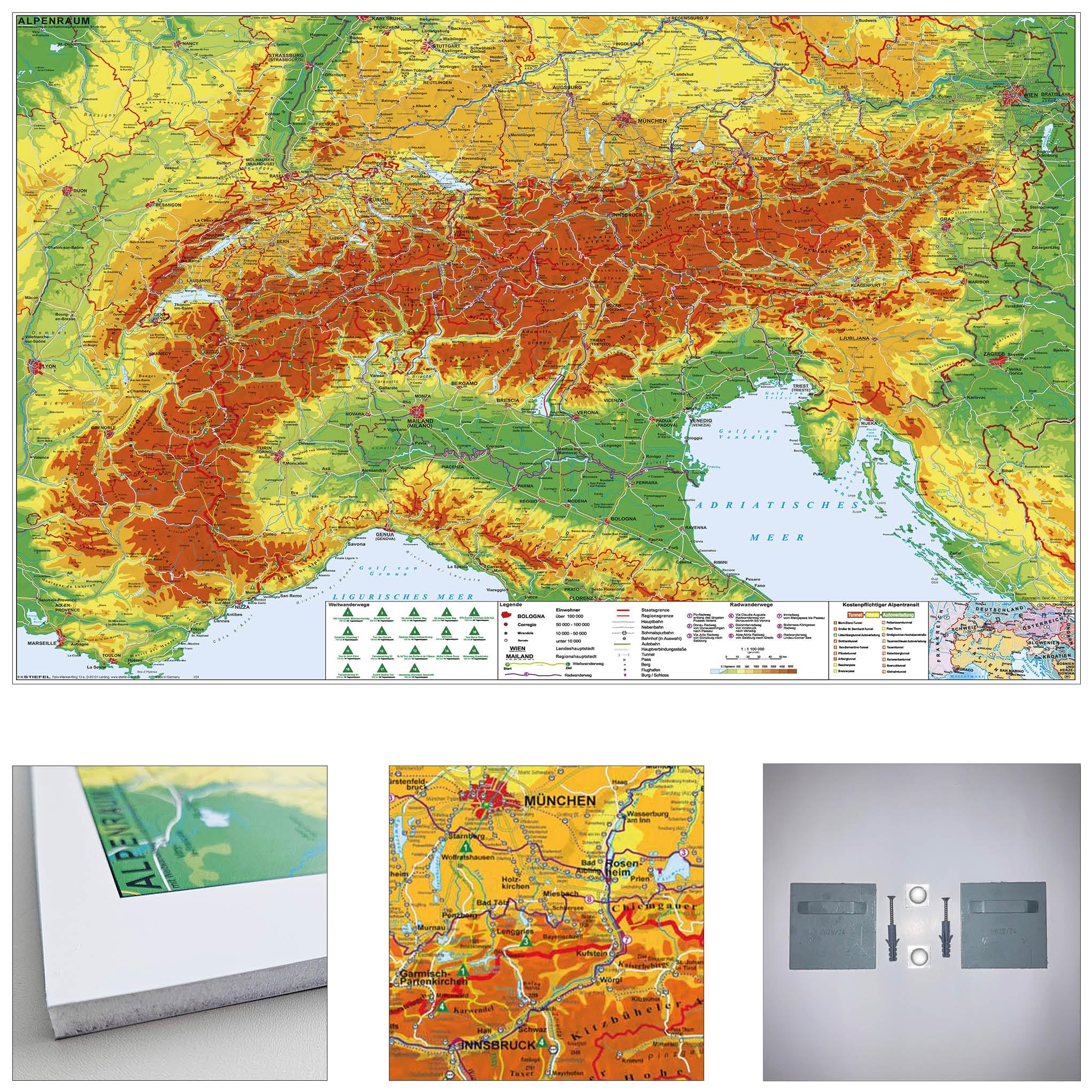 Alpenraum mit Weitwander- und Radfernwegen zum Pinnen auf EasyPrint - Platte mit Wandhalterung, 120x80cm: Wandkarte