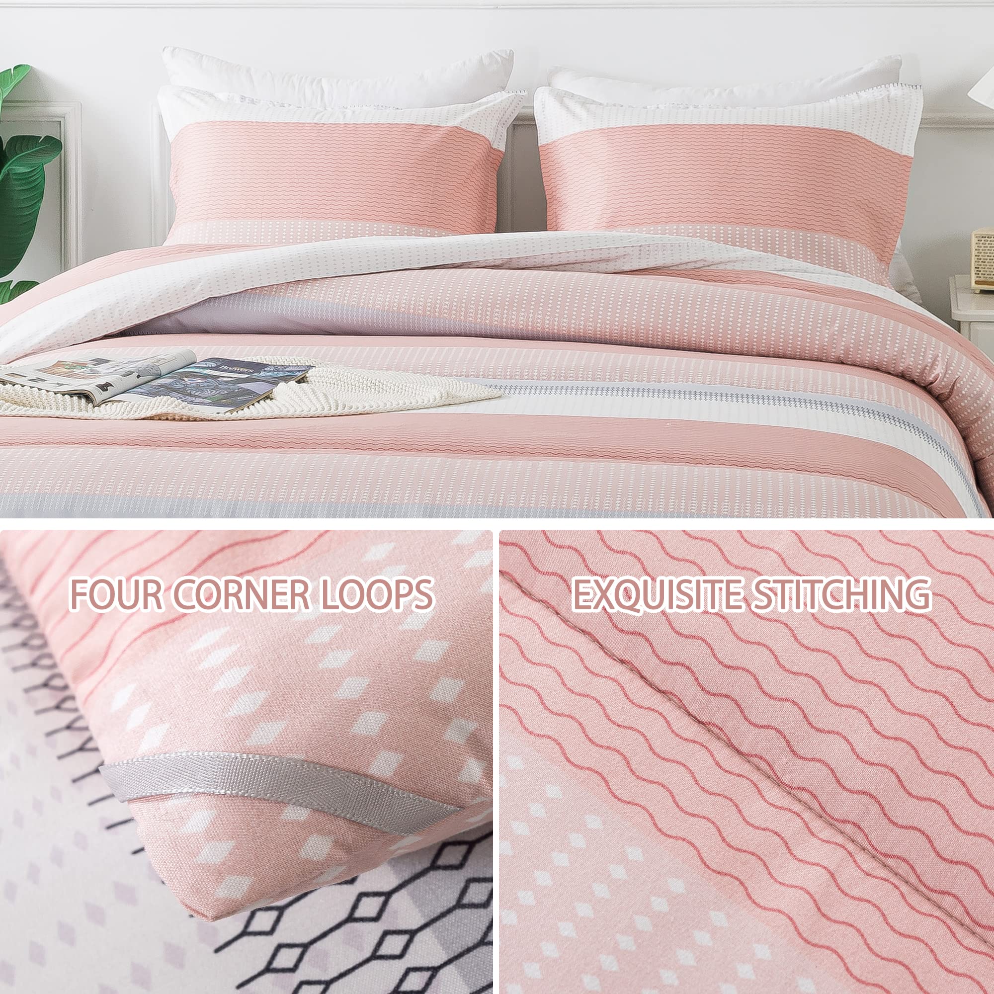 Andency Stripe Comforter Set King Size, 3 Pieces Pink Patchwork Striped Comforter, Soft Microfiber Down Alternative Comforter Bedding Set with Corner Loops