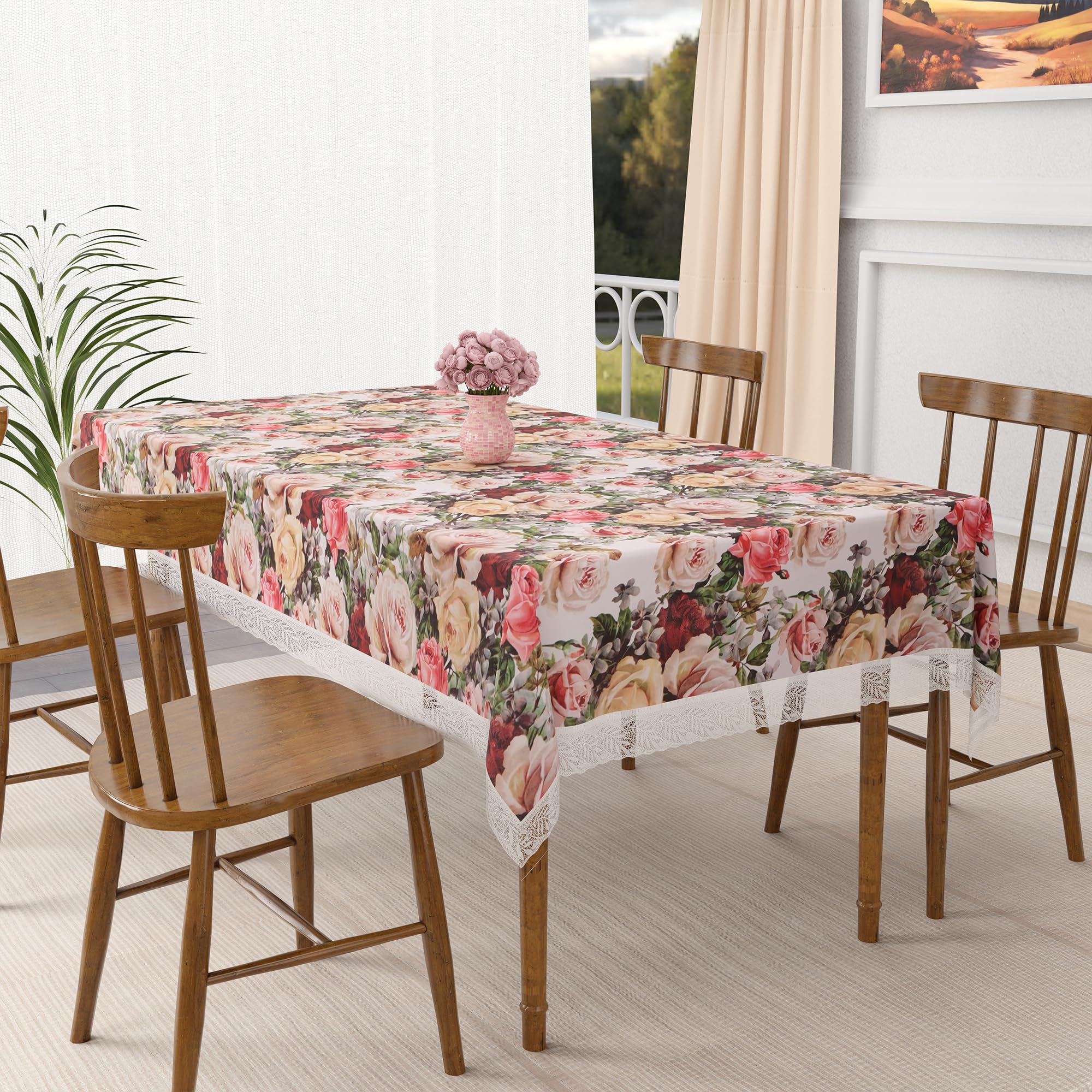 Kuber Industries 48x60 Inch Table Cover | PVC 4 Seater Waterproof & Dustproof Table Protector/Sheet Cloth For Home & Restaurant | Rose Print - White-image-38
