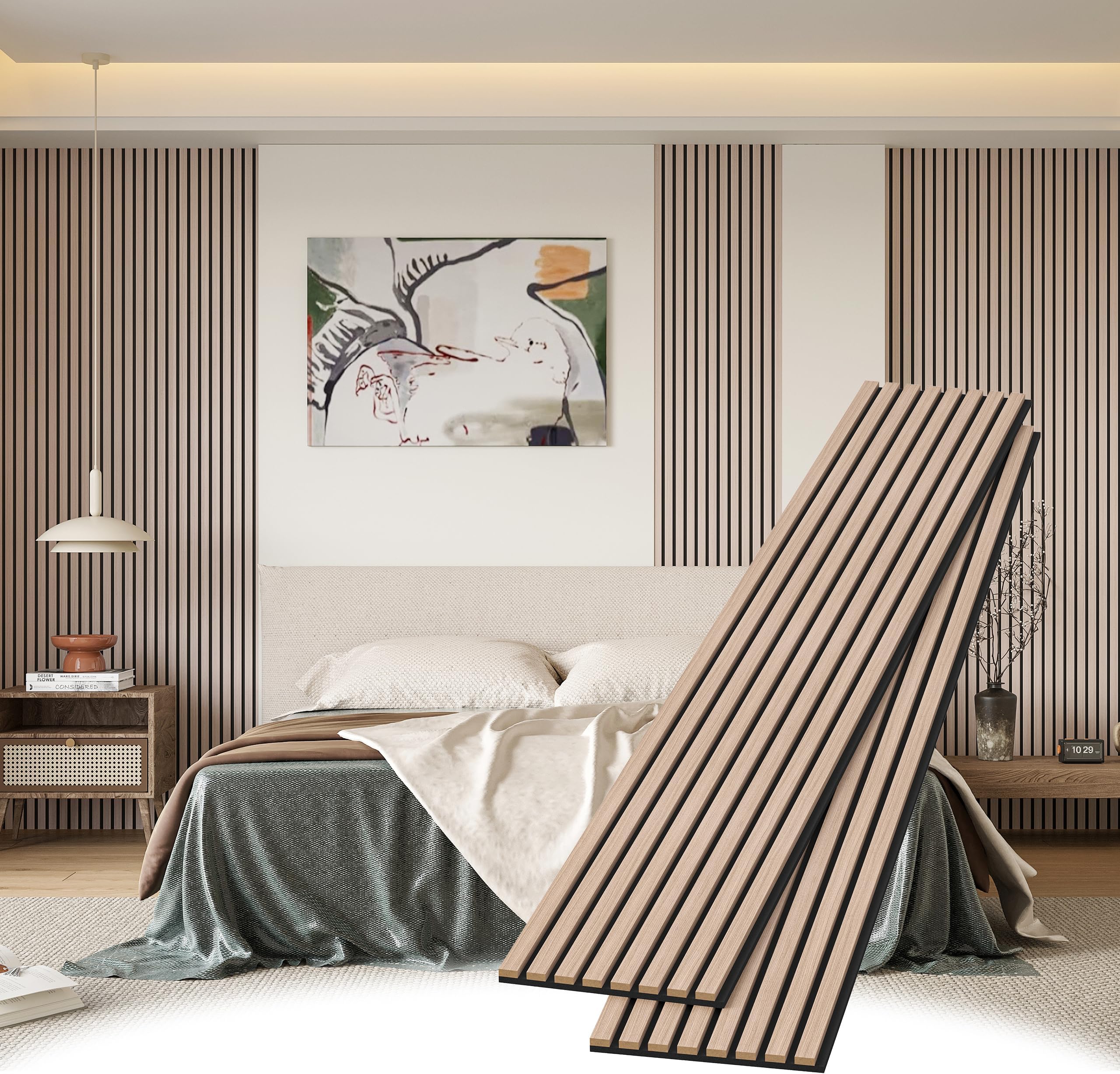 Wood Slat Wall Panels, 2 Pack 8 x 1 ft Decorative Wood Panels for Wall,Stylish Wall Panels for Interior Wall Decor, Modern Acoustic Wood Wall Panels with Felt Backing, Natural