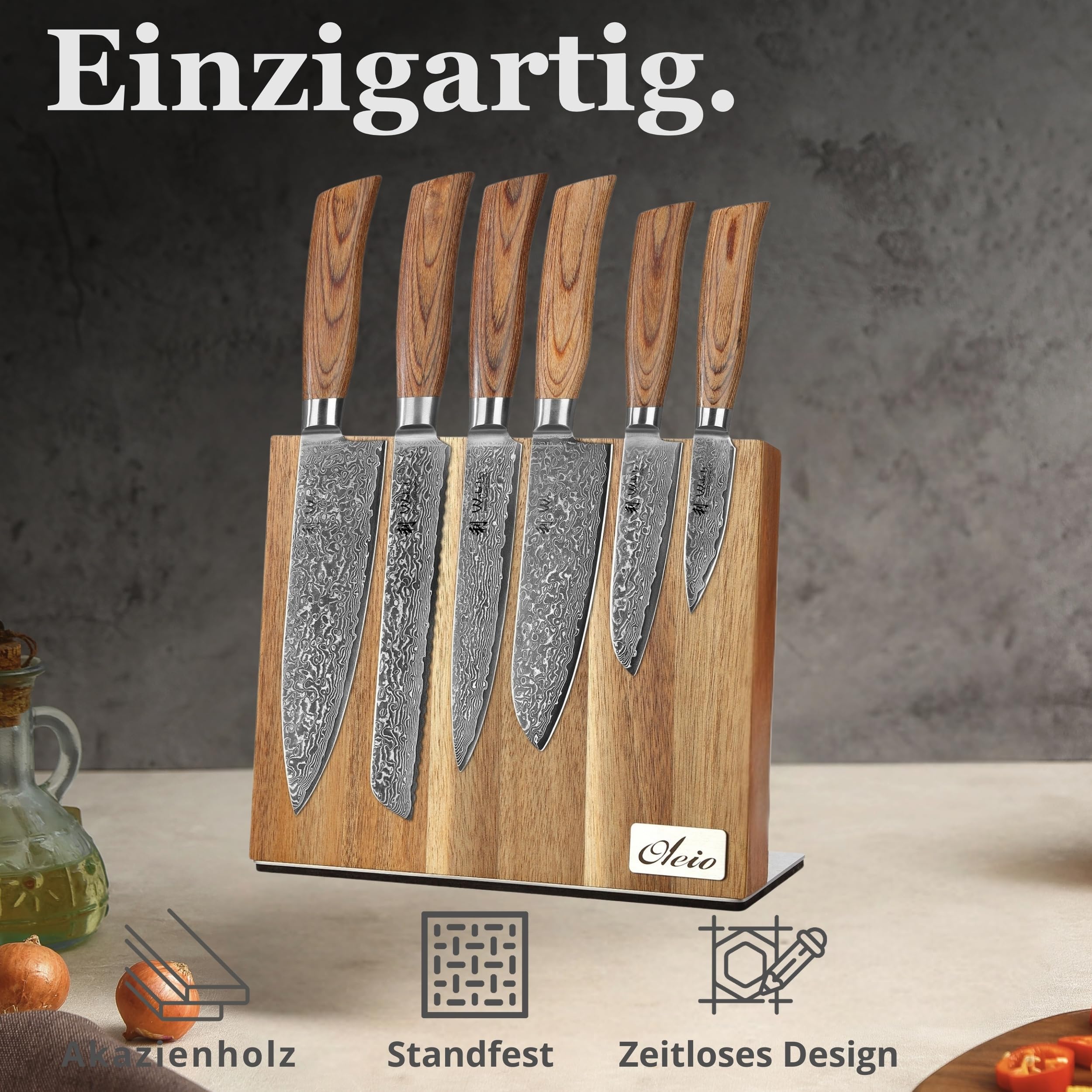 Wakoli EDIB Pro Messerblock Set mit 6 Damastmessern, 67 Lagen, VG10-Kern | Enthält Chefmesser, Brotmesser, Fleischmesser, Santoku, kleines Santoku und Officemesser sowie magnetischen Akazienholzblock