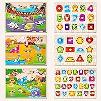 Vista 2 de SYNARRY Rompecabezas de madera para niños pequeños de 1 a 3 años, 6 rompecabezas para niños pequeños de 2 a 4 años con estante, vehículo