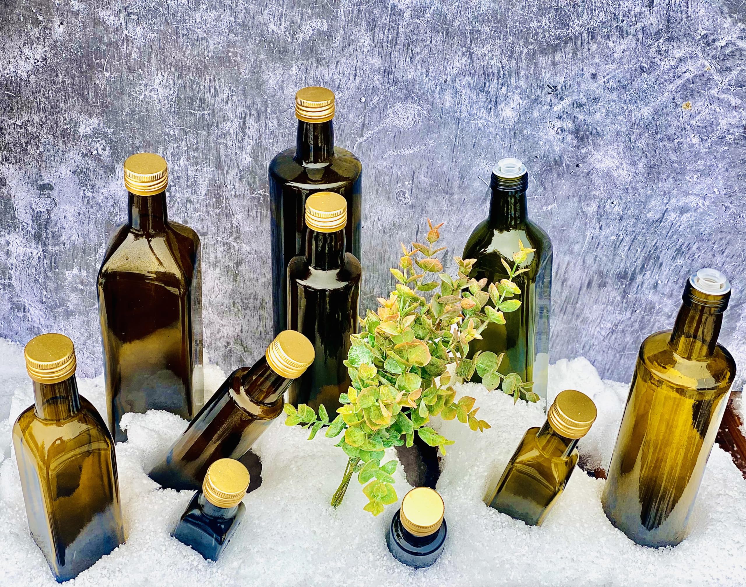 Botellas de cristal Maraska de 250 ml (40 unidades) con tapón de plástico verde PP31.5 con boquilla – Botella de aceite antigua – Diseño de alta calidad para aceite, vinagre – Reutilizable y