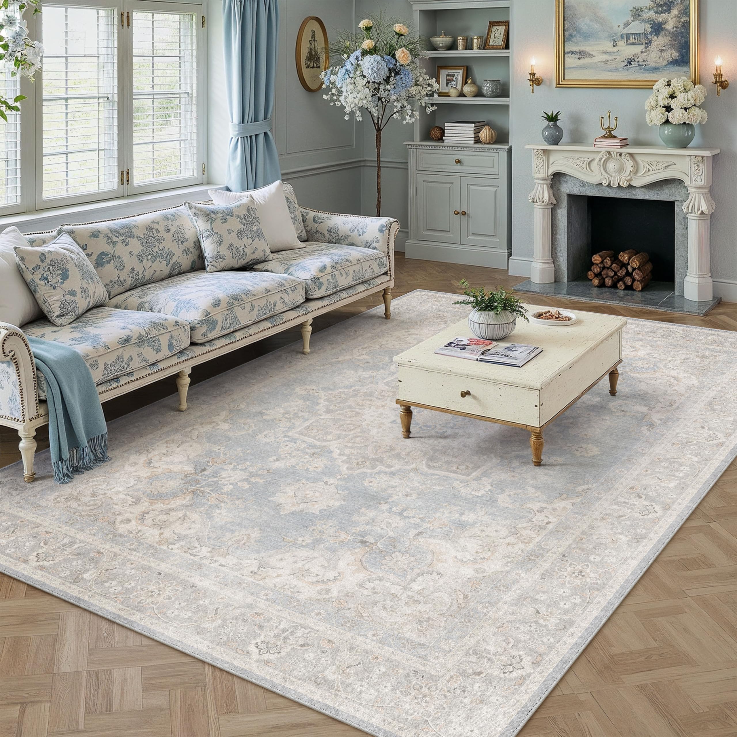 PureCozy 7x9 Area Rug Washable Blue Vintage Oriental Medallion — image 1