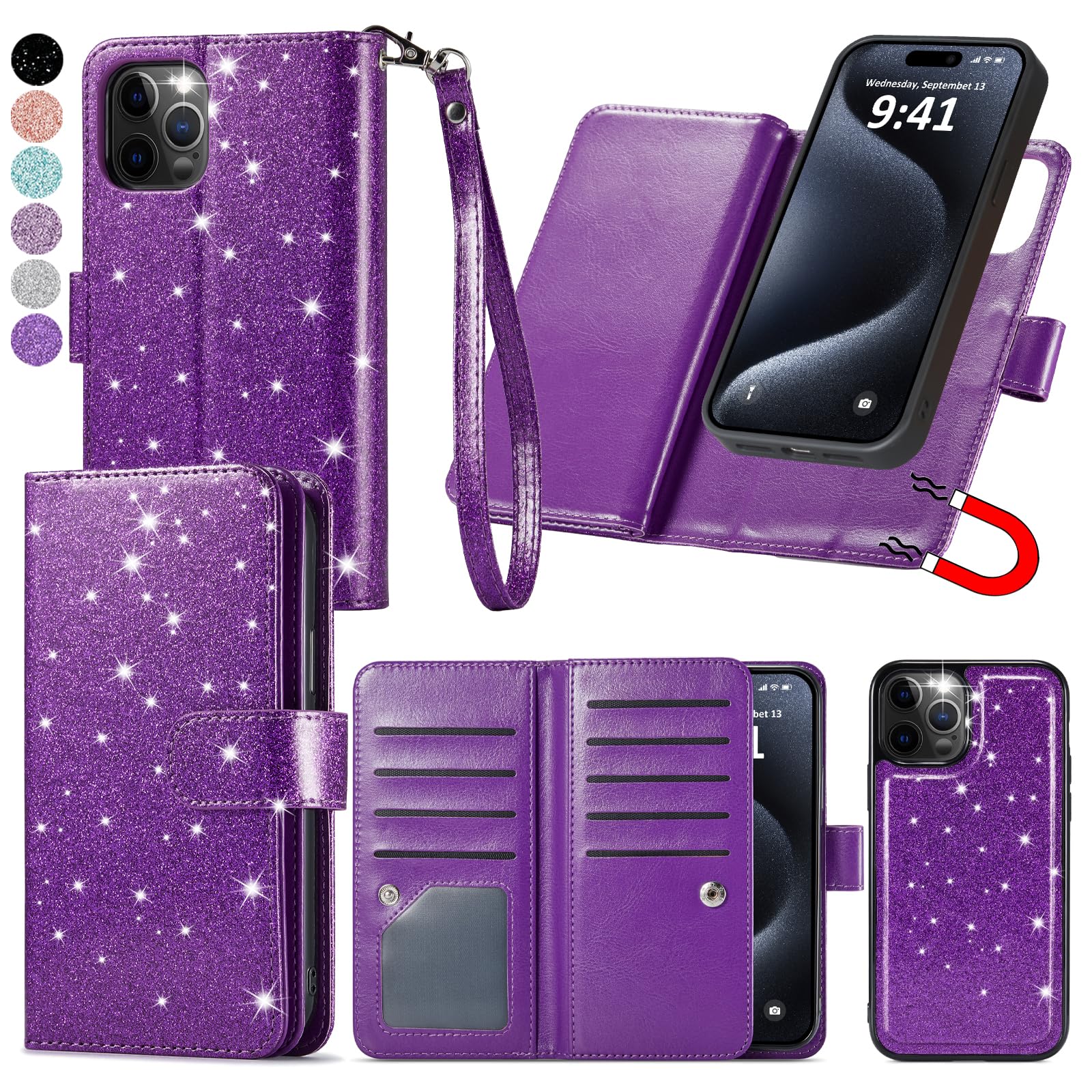 Varikke for iPhone 15 Pro Max Case Wallet, Detachable Magnetic Wallet Flip Cases with Card Holder & Kickstand & Wrist Strap Glitter PU Leather Fits iPhone 15 Pro Max 6.7