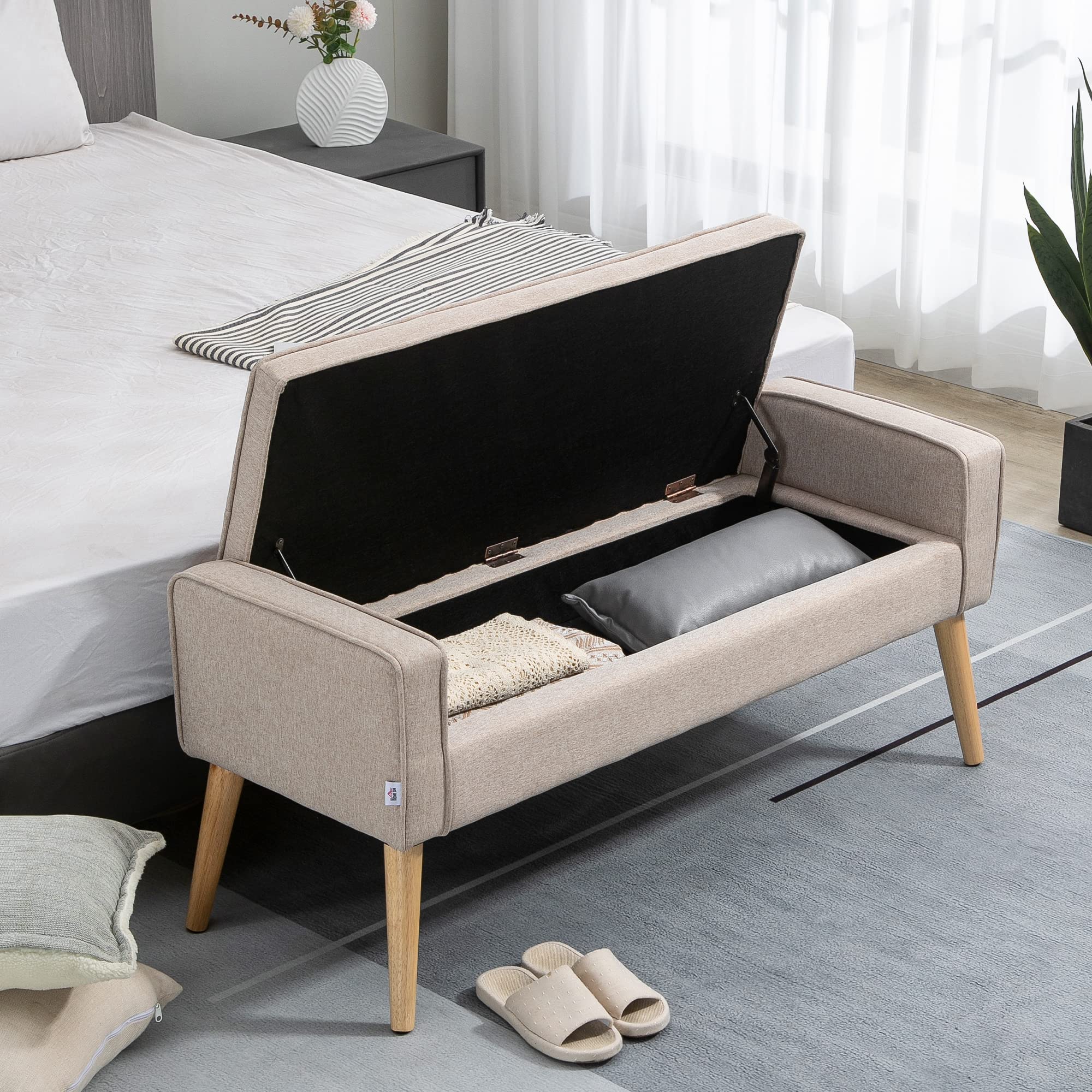 HOMCOM Puff Almacenaje Banco Almacenaje Tapizado en Lino Sintético con Tapa Abatible y Patas de Madera para Dormitorio Salón Entrada Carga 120 kg 120x45x54 cm Beige