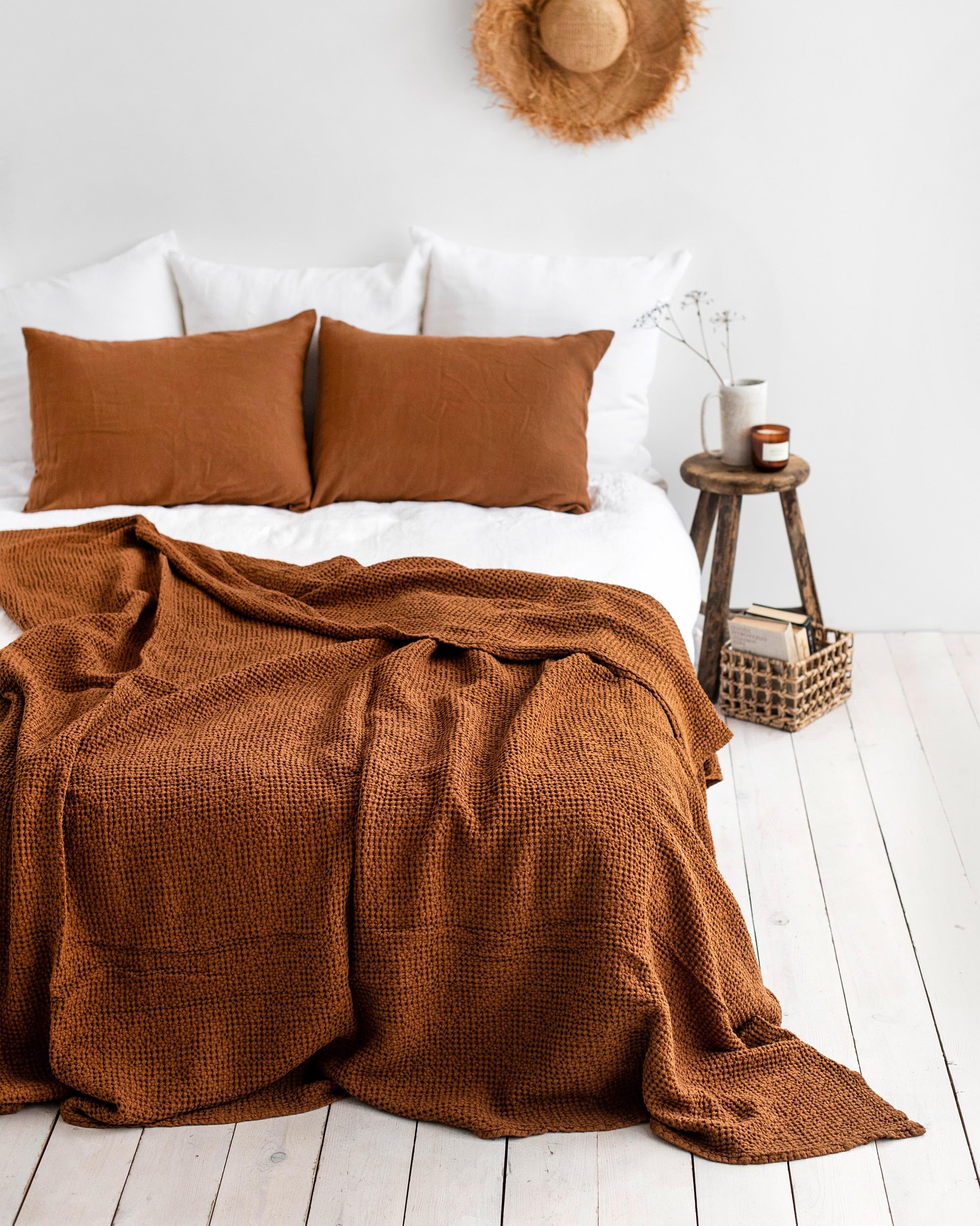 Magic Linen - Cinnamon Waffle Blanket 102x94 in Size, Stone Washed Linen Cotton Blend Bed Blanket, Breathable and Cooling Throw for Bed, Farmhouse