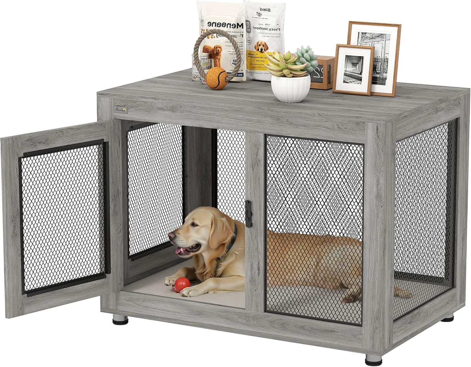 PawHut Cage for Large Dogs Furniture Style Dog House 94 x 60 x 71.5 cm Side Table with 2 Latch Doors Oxford Fabric Cushion and Grey Steel Grates