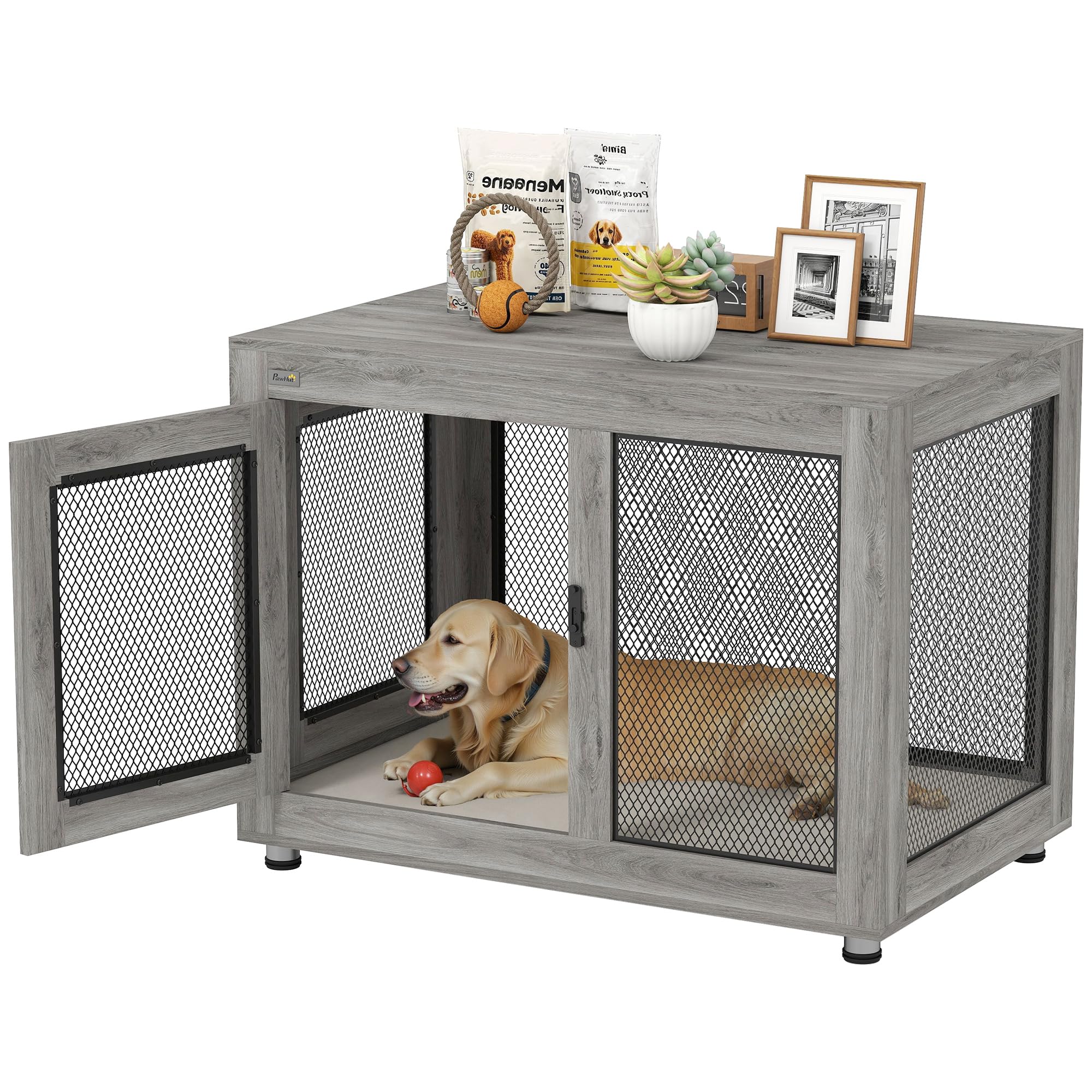 PawHut Cage for Large Dogs Furniture Style Dog House 94 x 60 x 71.5 cm Side Table with 2 Latch Doors Oxford Fabric Cushion and Grey Steel Grates