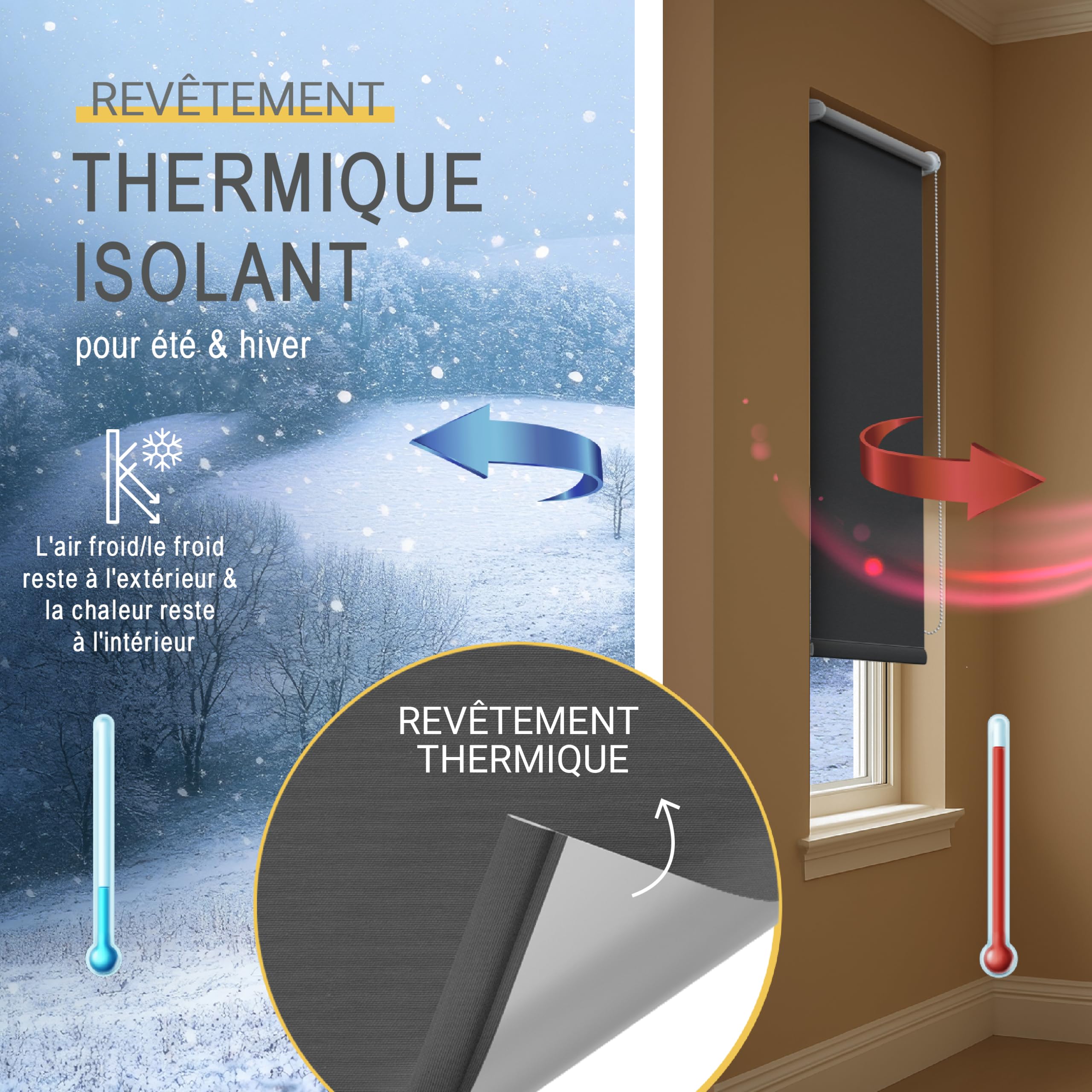 Sol Royal Store occultant Thermique pour fenêtre sans perçage | 60x160cm anthracite rideau intérieur robuste toute l'année réglable en continu pince protection isolant SolReflect T42