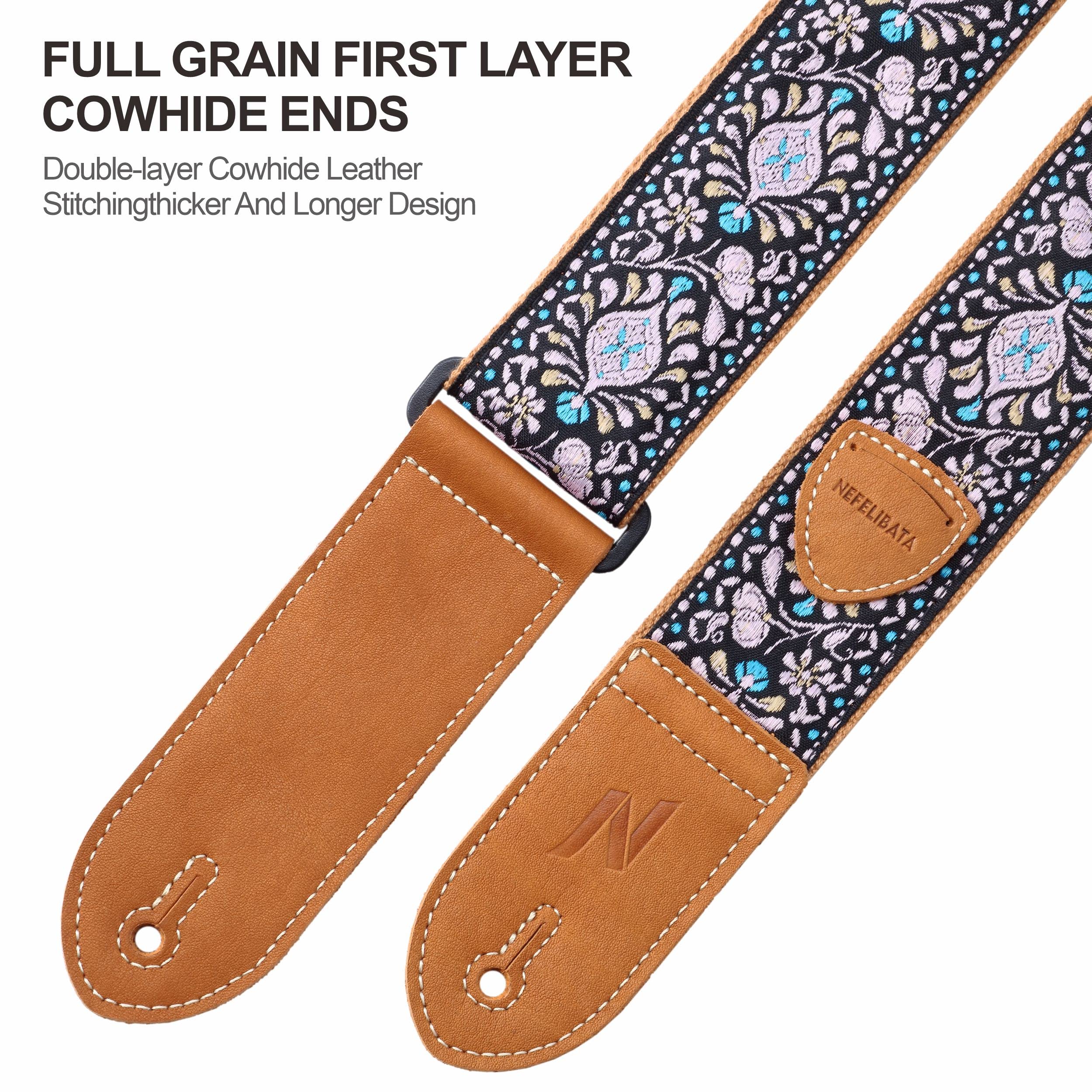 Nefelibata Guitar Strap,Double leather ends,Vintage Woven W/FREE BONUS-4 Picks+Strap Locks+Strap Button,Best Gift For Bass,Electric&Acoustic Guitars for Guitar(Vintage pink yellow embroidery) - Image 3