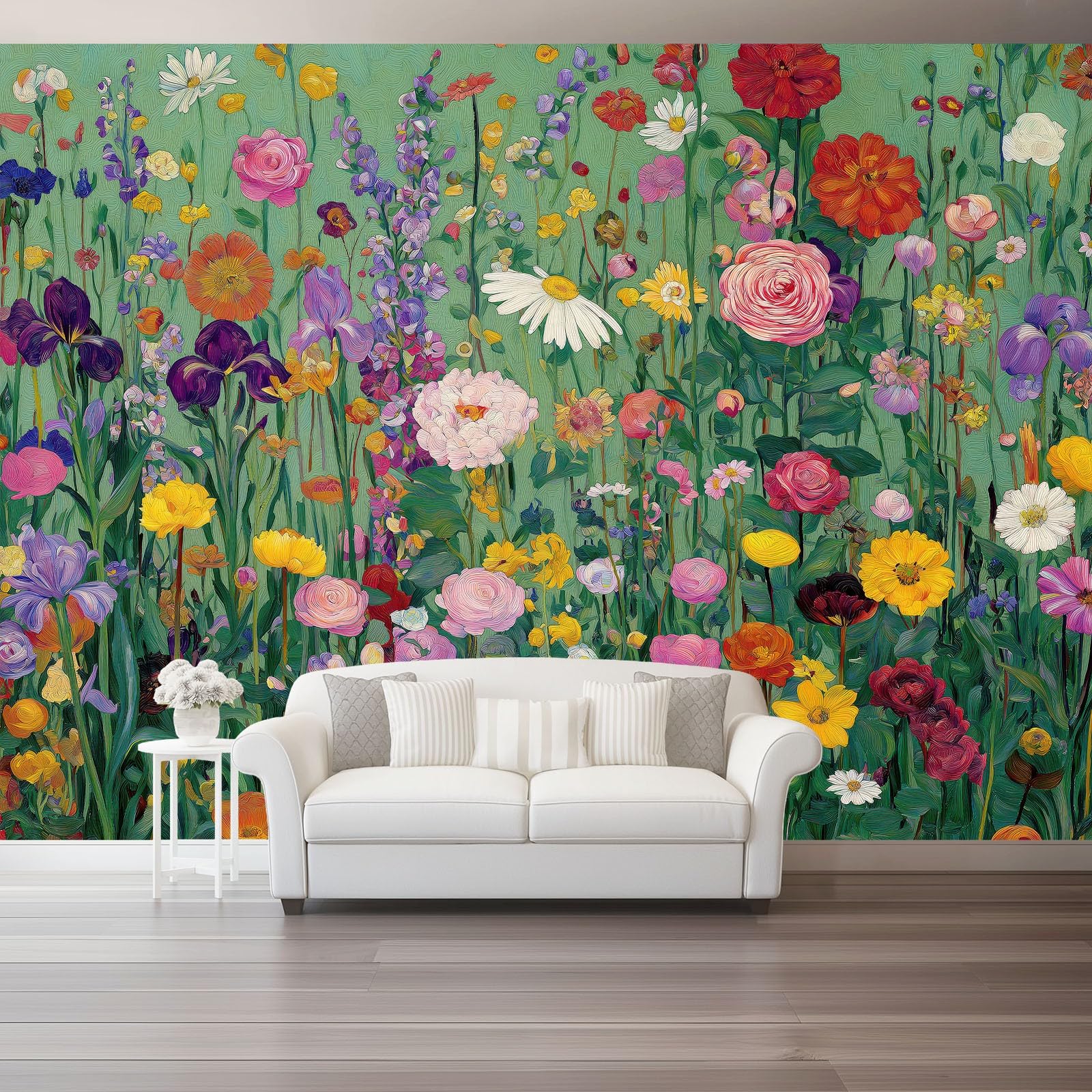 Papier peint intissé pour cacher les imperfections d'un mur de salon avec un décor floral