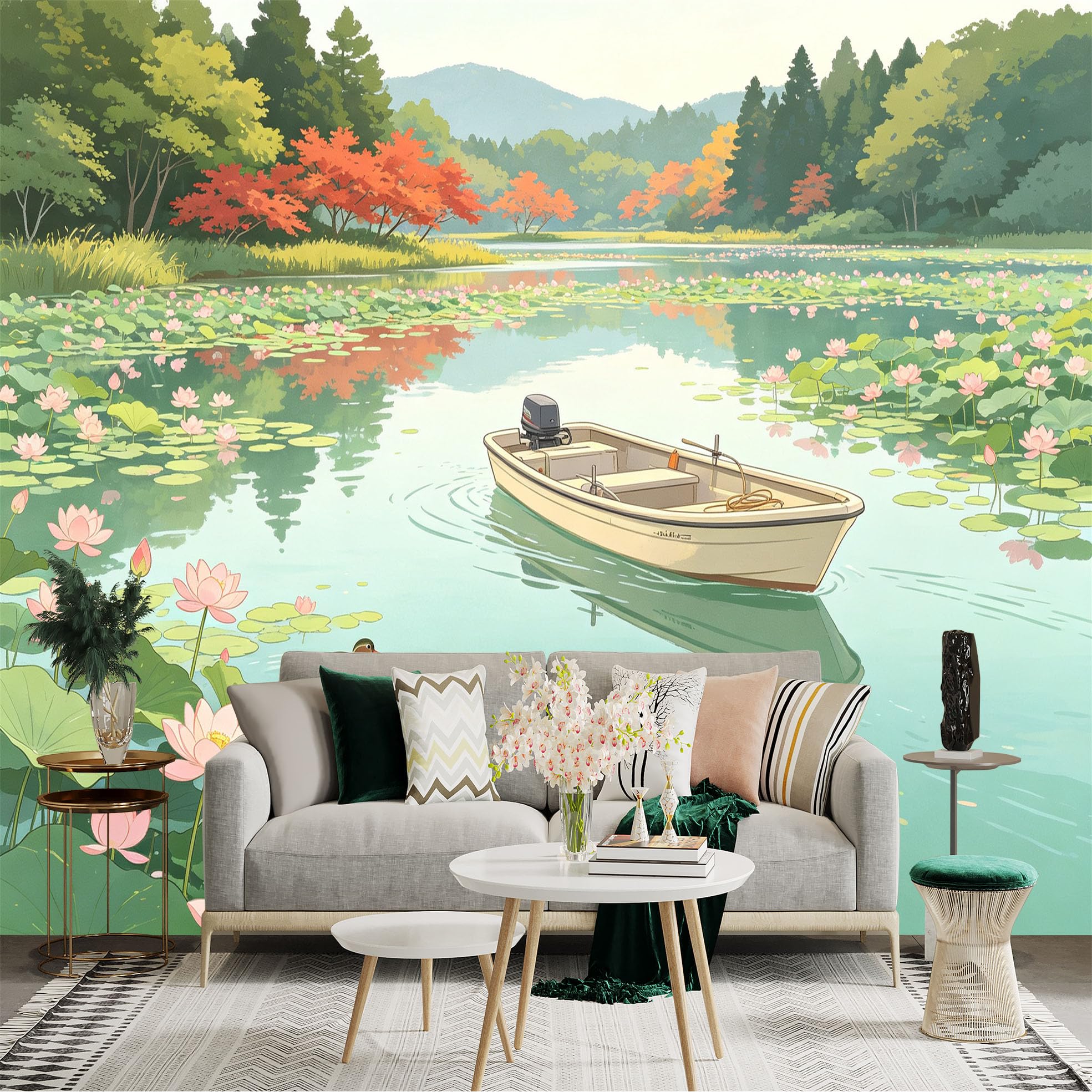 Custom Size Wall Sticker Mural， Serene Pond with Lotus Flowers， Rowing Boat and Swimming Ducks， Peaceful Nature Scenery， for wall Decoration， peelandstick wall Decals.