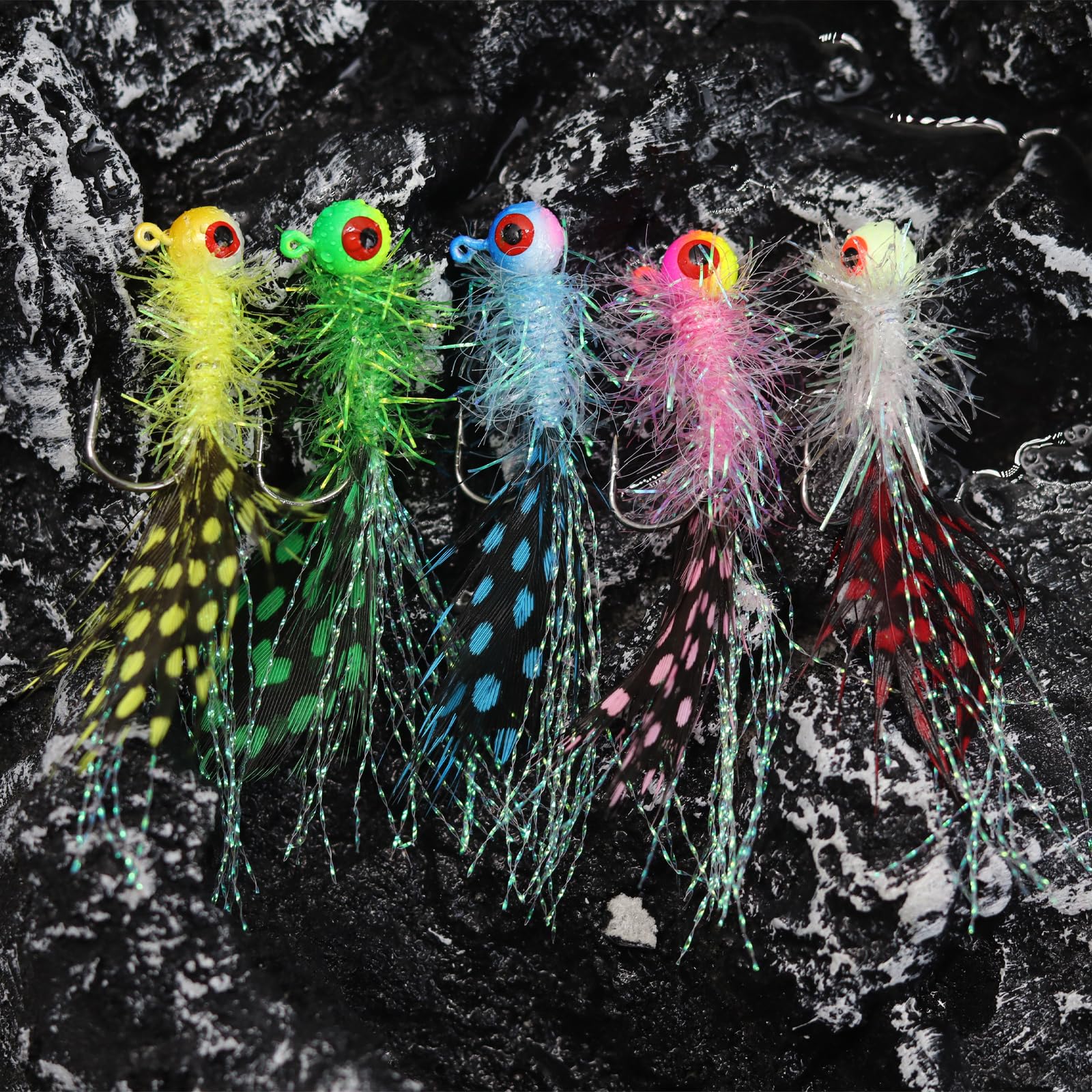 Crappie Jigköpfe Kit, lebensechte Augen, Marabu-Haar-Jigs mit farbiger gepunkteter Feder und scharfen Haken für Panfish Crappie Zander Striper Angeln 1/8 1/14 1/8 1/793.8 g