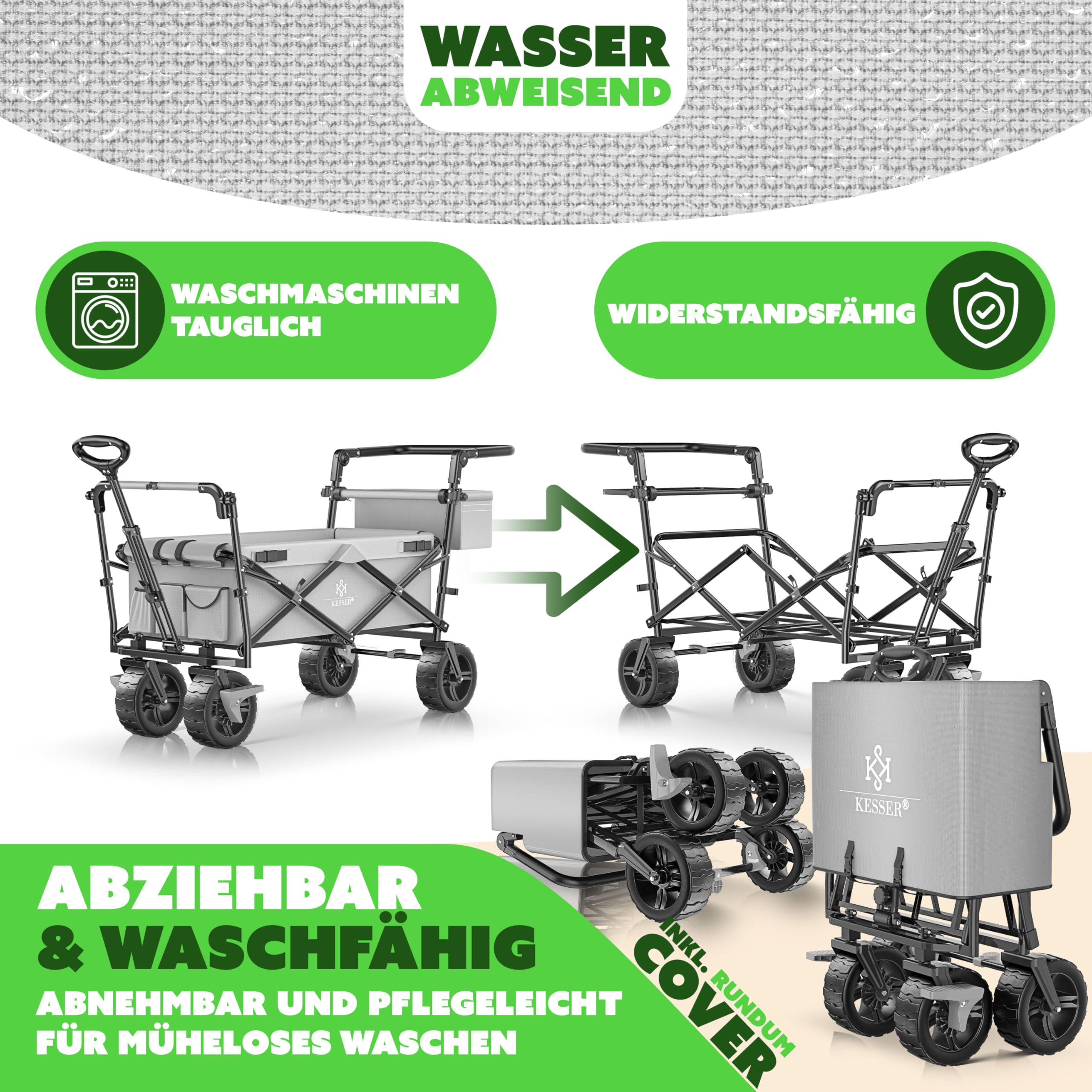 KESSER® Bollerwagen faltbar GT9000 Handwagen mit Dach | Transportwagen max. belastbar bis 150kg mit Hartgummi-Räder & Feststellbremsen (Vorne & Hinten) | Inkl. Schloss, Abdeckung, Wetter & Sichtschutz
