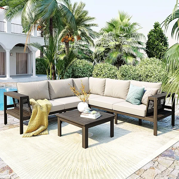 Merax 4 Pieces Patio Furniture Set, Outdoor L-Shaped Sectional Sofa Set with Coffee Table, Acacia Wood Conversation Seating & Thick Cushions and Side Table, for Garden, Poolside and Backyard, Beige