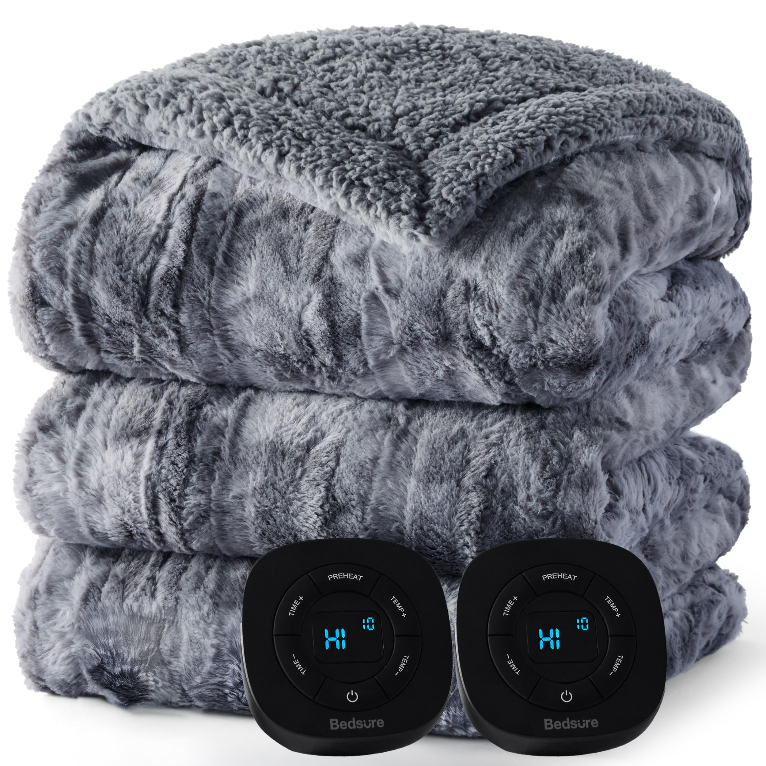 Bedsure Faux Fur Electric Blanket Queen Size, Dual Control Heated Blanket Queen, Fast Heating Blanket with 10 Heating Levels & 10 Time Settings, Cozy Gifts for Women Men (84x90 inches, Grey)
