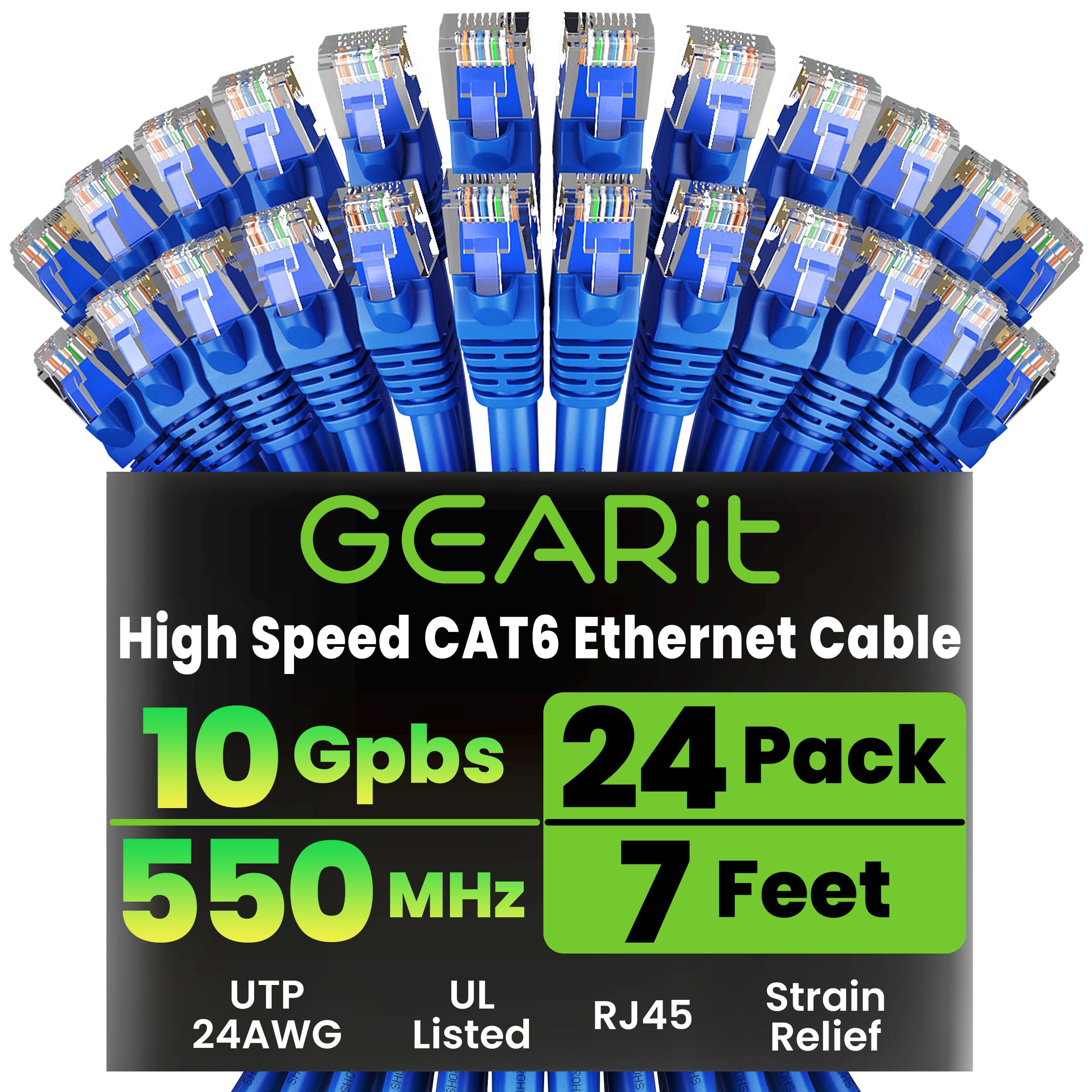 GEARit Cat 6 Ethernet Cable Pack - 24-Pack 7 ft Cat6 Ethernet Patch Cables | RJ45 Network Patch Cable, 10 Gbps Snagless Gold-Plated Connectors -