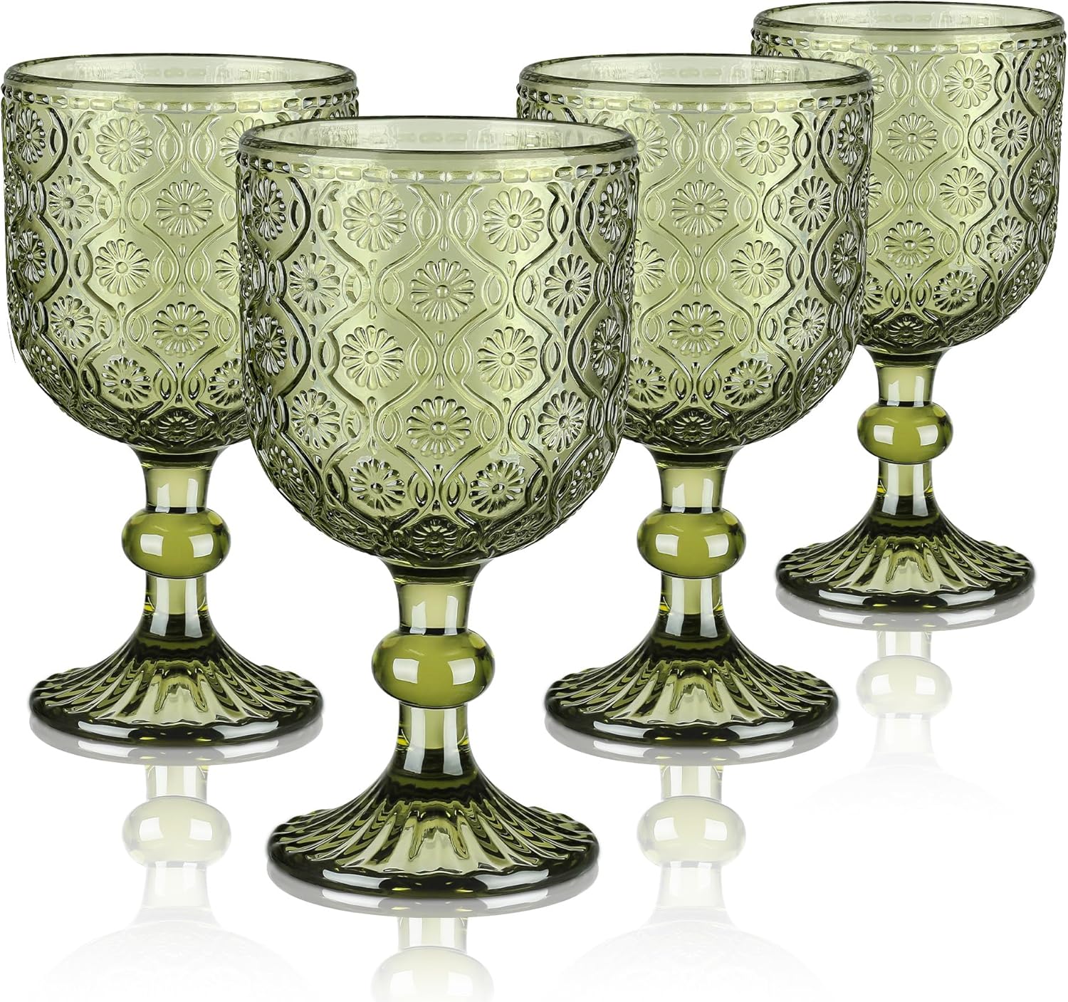 Joeyan Vintage Glass Wine Goblet,Green Embossed Floral Stemmed Wine Glasses,Colored Drinking Cups,Heavy-Duty Glassware for Wedding Party Bar,12 oz,Set of 4,Dishwasher Safe
